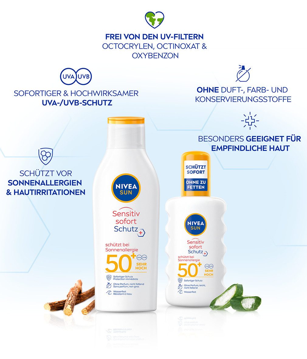 Nivea Sun Sonnenschutzspray Anti Sonnenallergie Spray Sensitiv sofort Schutz LSF50+ 200ml, 1-tlg., Sofortiger Schutz vor UVA-/UVB-Strahlen