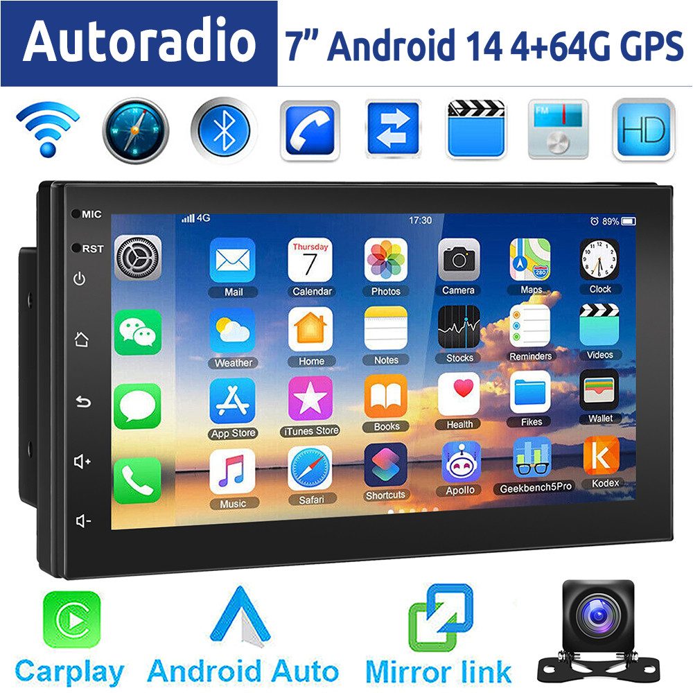 ESSGOO 7 Zoll Doppel 2 DIN Android 14 4+64G Autoradio (Digitalradio (DAB), FM, RDS, FM RDS Bluetooth EQ USB Apple Carplay Android Auto GPS Navi WIFI)