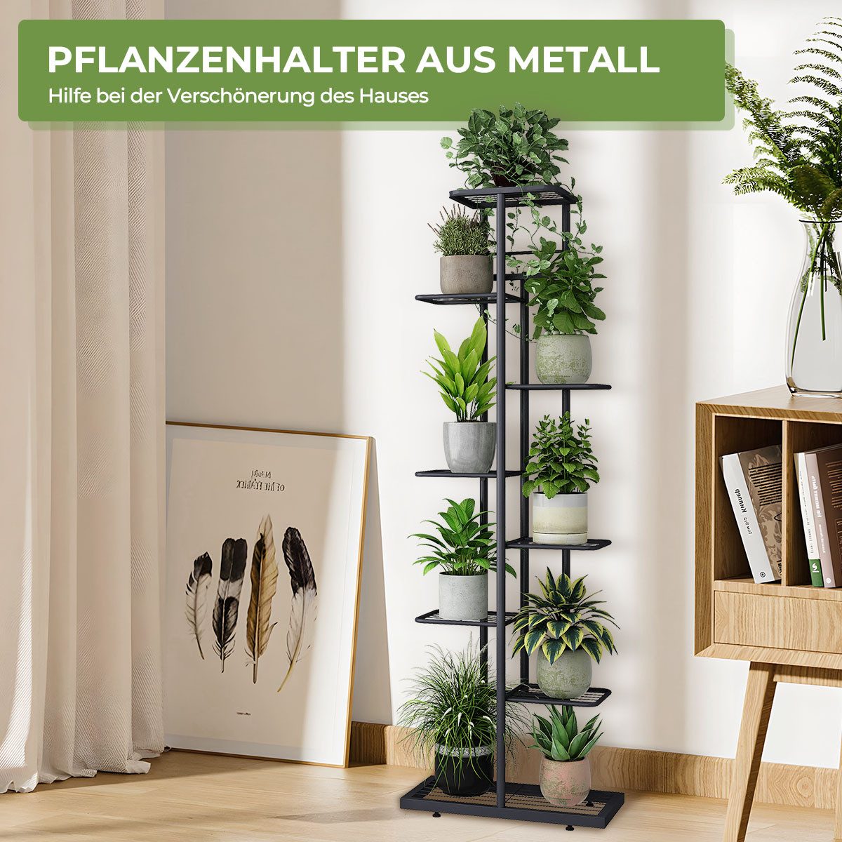 Simloveve 9-Tier Metal Plant Stand/Plant Shelf (Indoor/Outdoor), Dark Grey, 145cm High, for Garden or Balcony