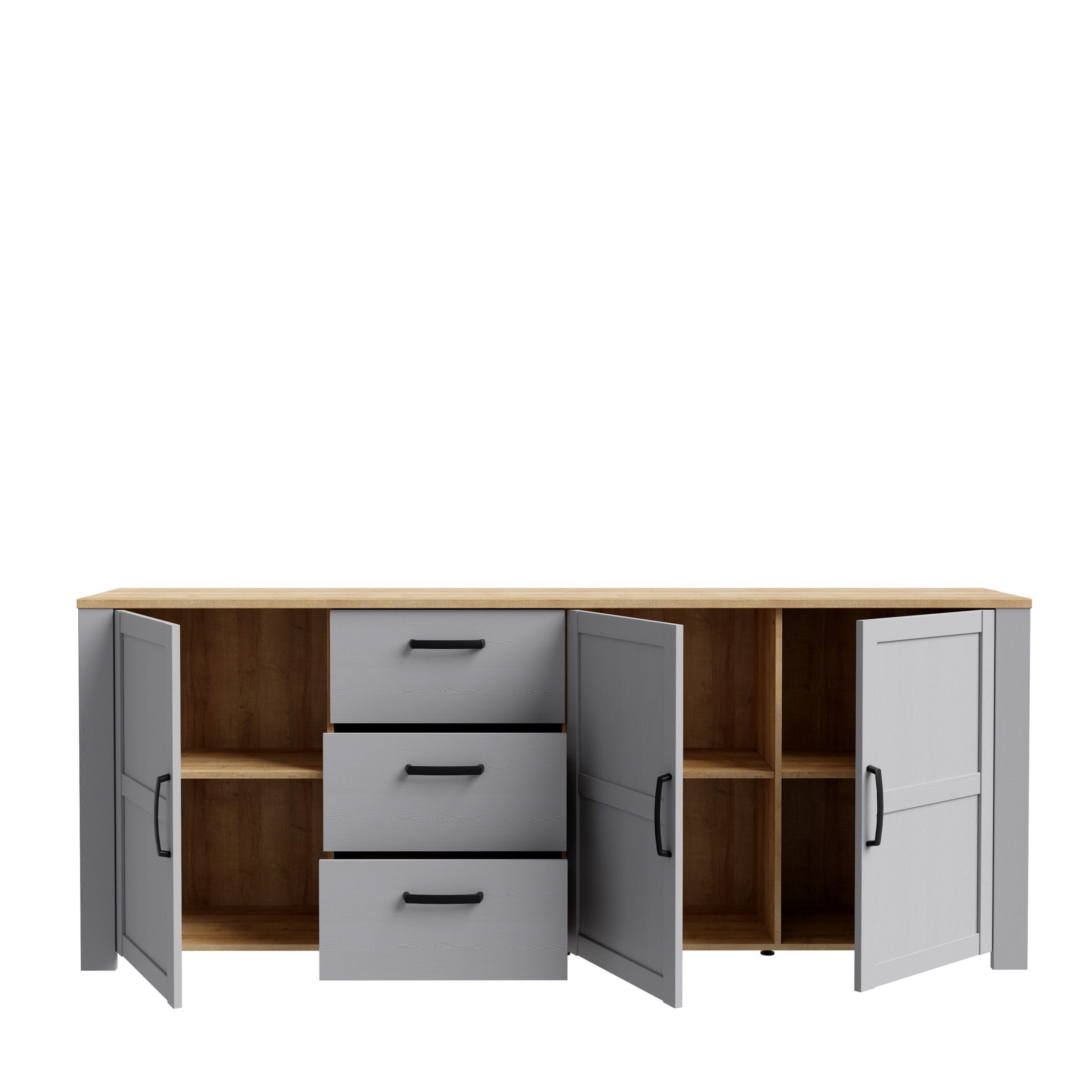freiraum Sideboard BOHOL, 3 Türen. 3 Schübe, Riviera Eiche / Eiche grau - 220,8x87x42cm (BxHxT)