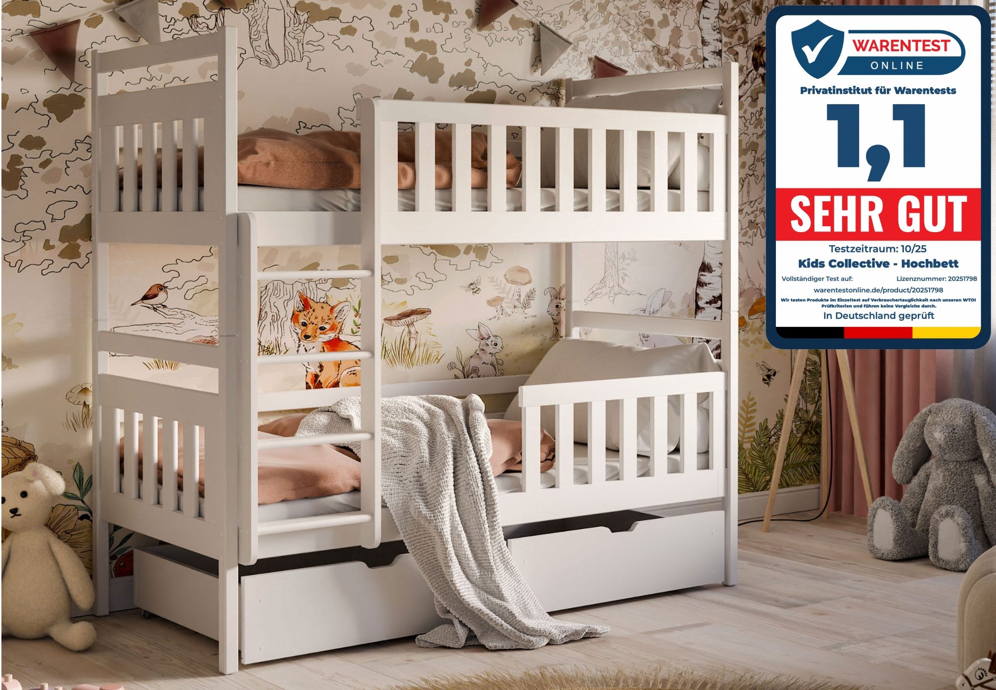 Hochbett 80x180, 90x200 cm mit 2 Schubladen Kinderbett mit Rausfallschutz