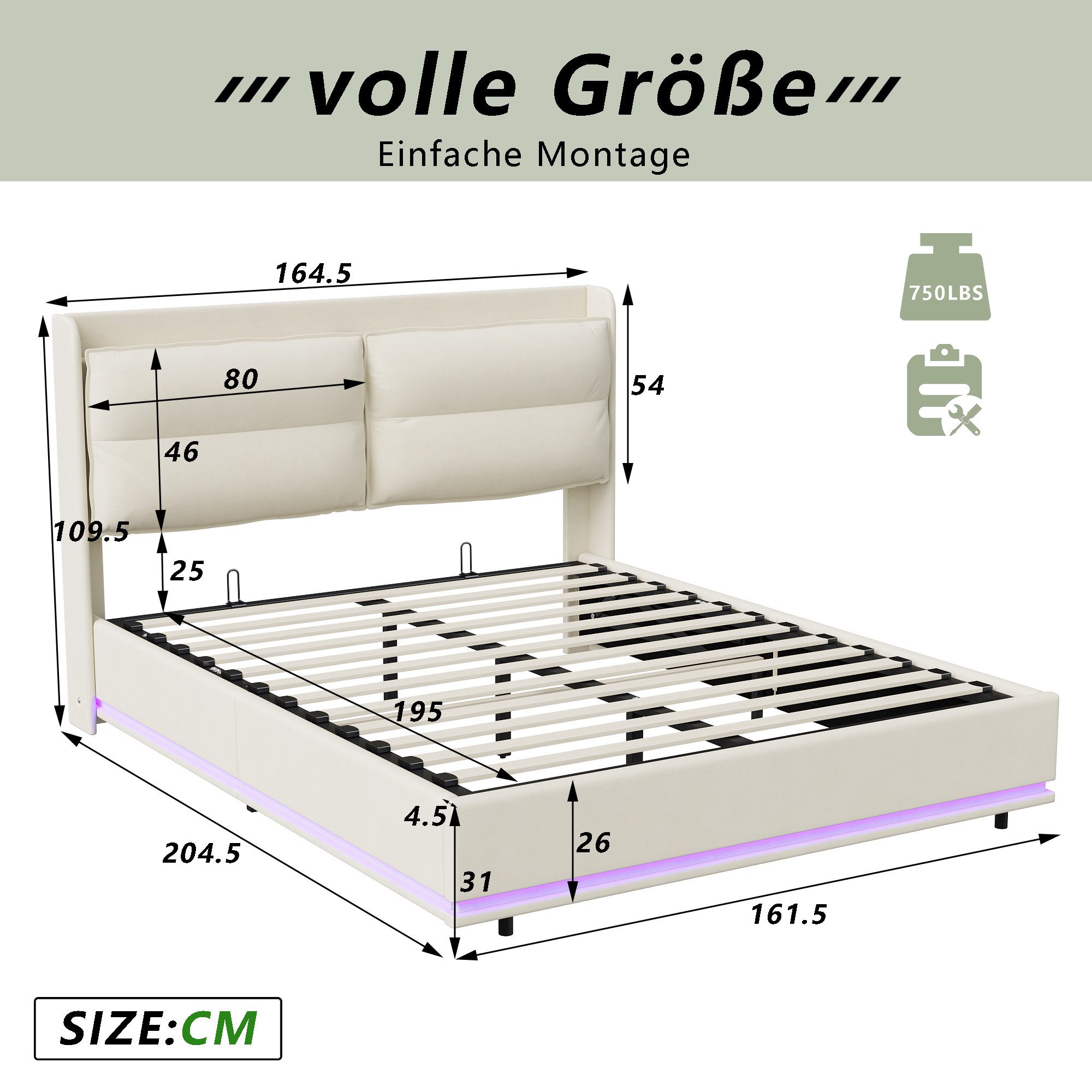 PXloue Bett Polsterbett Hydraulisches Stauraumbett Doppelbett, Kopfteil mit Drahtloses Aufladen, Lattenroste und Bettkästen, 160x200 – Bild 5 von 5