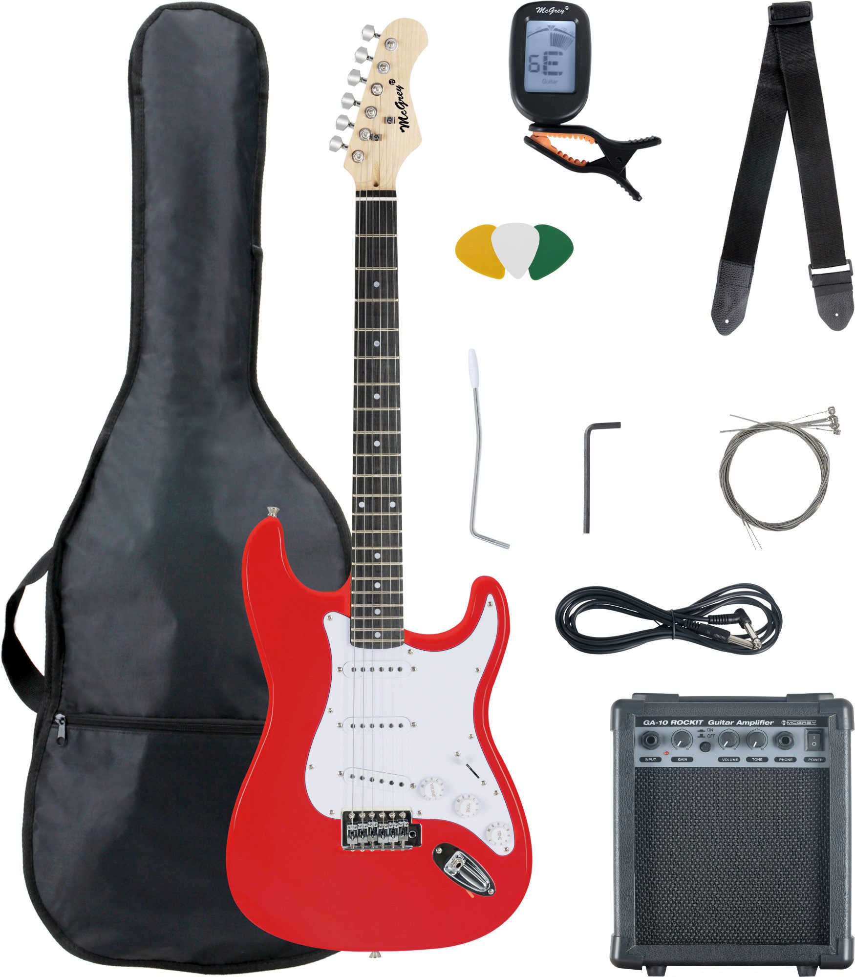 McGrey E-Gitarre Rockit elektrische Gitarre, ST-Style, Komplettset 4/4, 8-St., inkl. Verstärker, Tasche, Stimmgerät, Plektren, Gurt und Kabel, 10 Watt (RMS) Gitarrenverstärker inklusive!