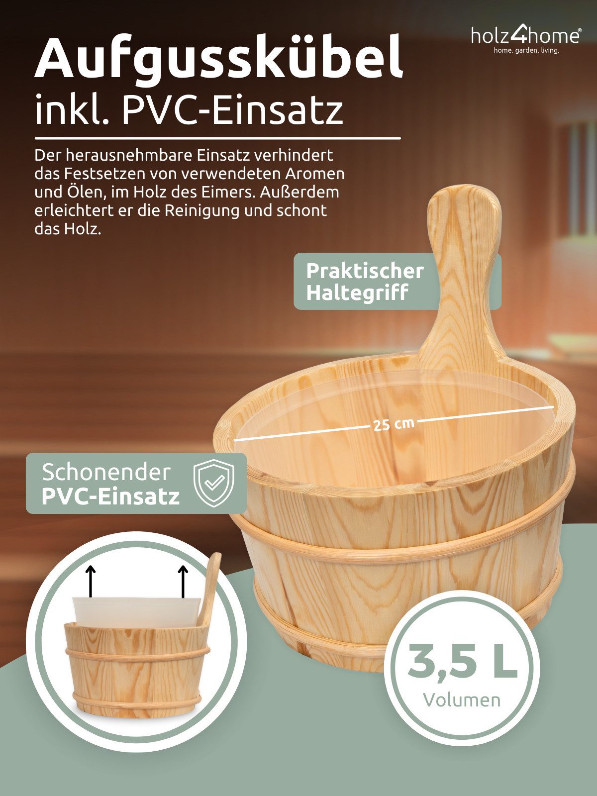 holz4home® Sauna-Aufgussset Sauna Eimer Set I Saunazubehör aus Holz (4-tlg., Set) inkl. Eimer, Kelle, Sanduhr, Thermometer – Bild 4 von 5