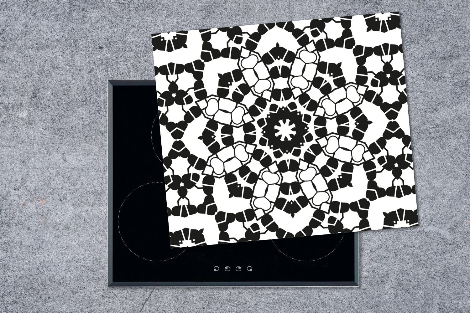 tlg), Schwarz 60x52 cm, Ceranfeldabdeckung (1 Vinyl, Herdblende-/Abdeckplatte Muster, Arbeitsfläche - Mobile MuchoWow und - Weiß Mandala nutzbar,