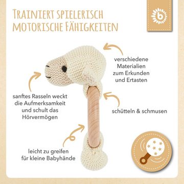 BIECO Greifspielzeug Bieco Greifling Baby Rassel Ø 8cm, Länge 14cm Niedliche Schaf Häkel Rassel mit Holz Ring Baby Greifling Rassel für Junge & Mädchen Schaf Greifling Gehäkelt mit Rassel Greifringe Baby