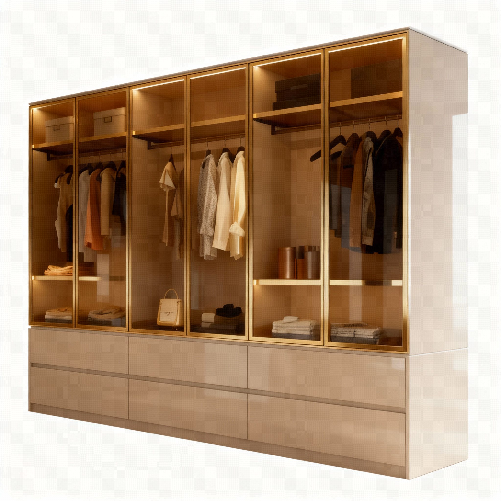 Palms-Store Kleiderschrank Luxemburg 6-Türig Glastüren mit goldfarbenen Glasrahmen (Spar-Set) Breite: 300 cm, Tiefe: 62 cm, Höhe: 218 cm, inkl. Zubehör