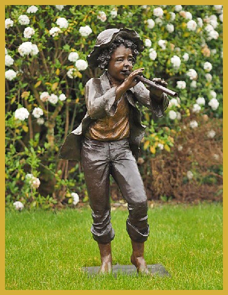 Junge Bronze-Skulptur IDYL Flöte, Gartenfigur IDYL Bronze mit