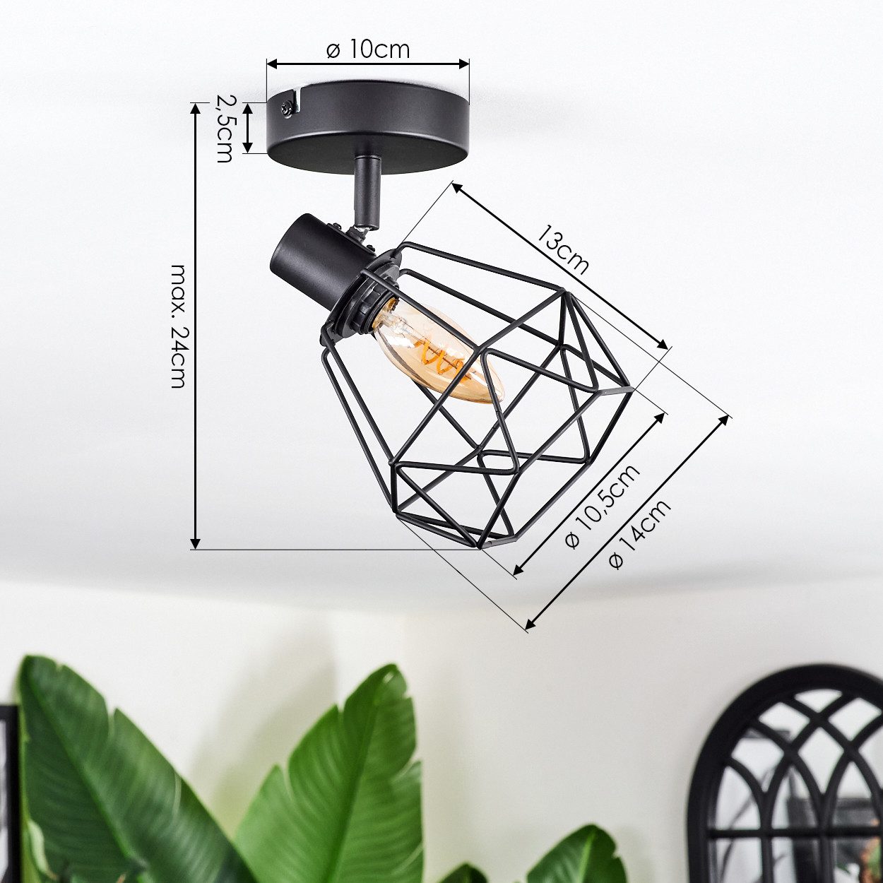 hofstein Deckenleuchte Deckenlampe aus Metall in Schwarz mit Lichteffekt durch Gitter-Optik, ohne Leuchtmittel, verstellbare Deckenleuchte im Retro/Vintage-Design (Schirm 14 cm), E14