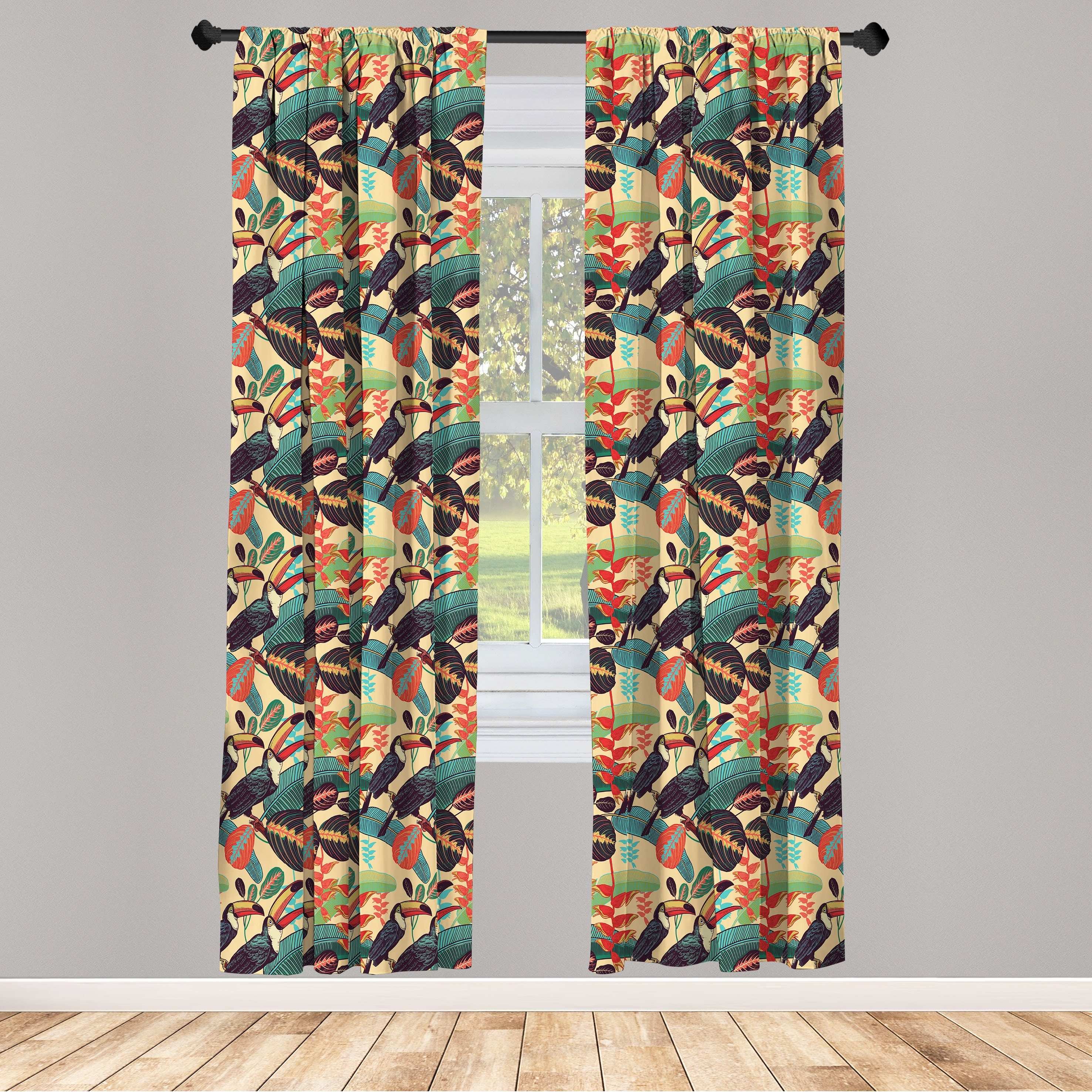 Gardine Vorhang für Wohnzimmer Schlafzimmer Dekor, Abakuhaus, Microfaser, Tukan Vivid Sumer Blätter und Vögel | Fertiggardinen