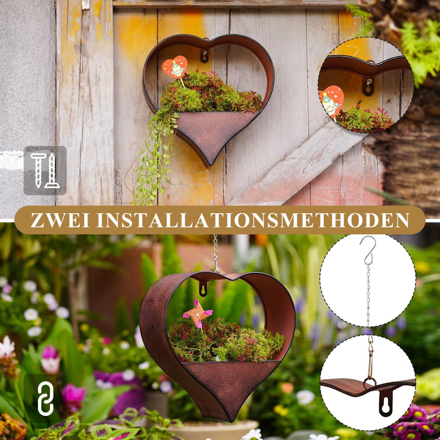 HEYHIPPO Blumentopf Metall Herz Hänge-Blumentopf Braun 26,4x9x26,9 cm Gartendeko Rost (Wetterfeste Hängeampel aus Eisen für Garten, Balkon und Außendeko), Herzf – Bild 5 von 5