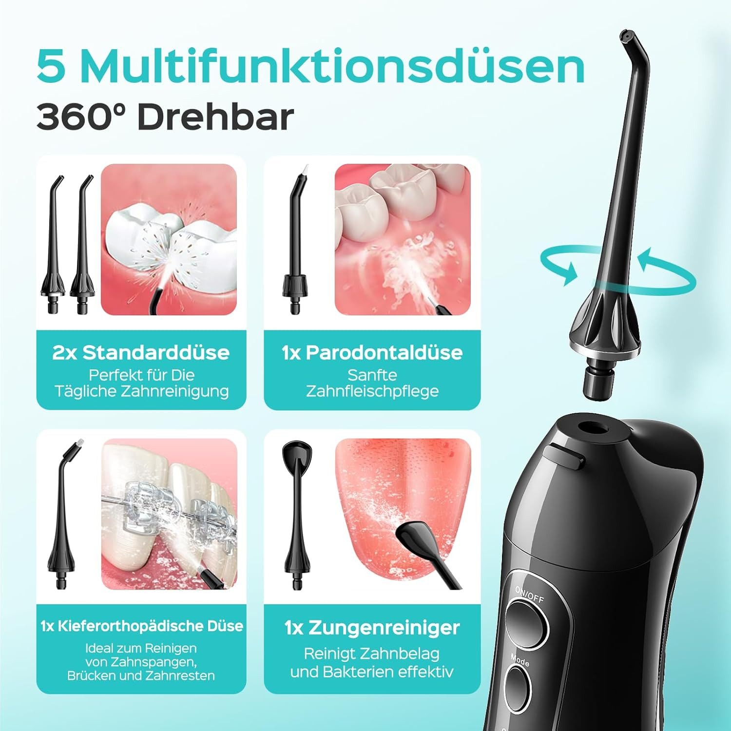 COSLUS Munddusche elektrisch Kabellos C20 – 300 ml Wassertank, 5 Düsen, Wiederaufladbar, Aufsätze: 5 St., Für Zahnspangen, Brücken, Kronen und Implantate geeignet