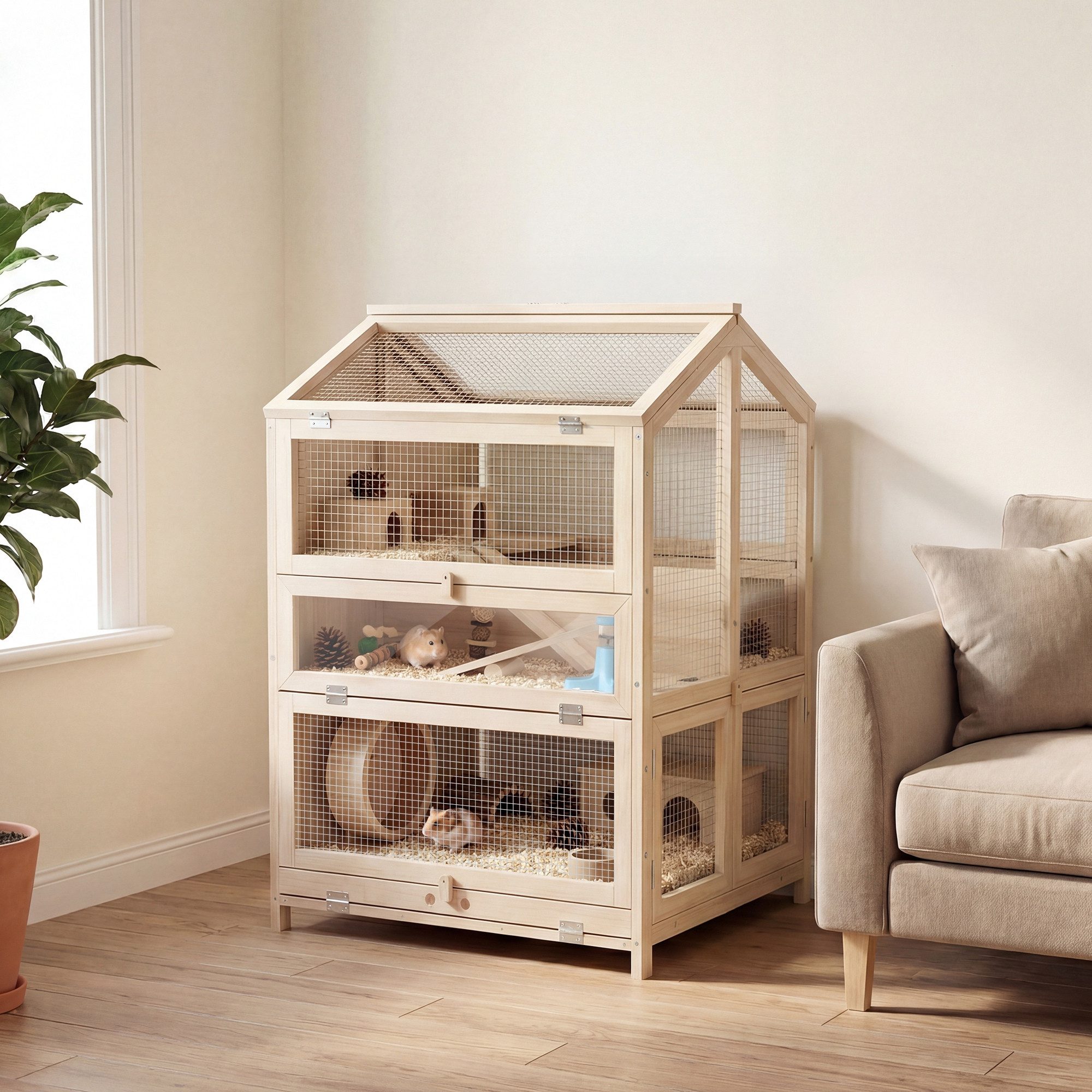 PawHut Kleintierkäfig Hamsterkäfig aus Holz mit Hütten Wippen Rampen Wasserschalen, für Kleintiere 68 x 61,5 x 90 cm Naturholz