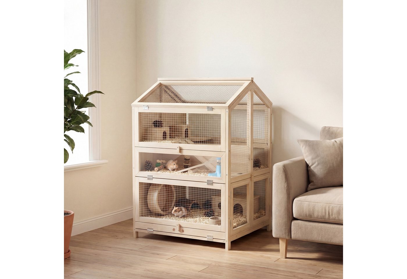 PawHut Kleintierkäfig Hamsterkäfig aus Holz mit Hütten Wippen Rampen Wasserschalen, für Kleintiere 68 x 61,5 x 90 cm Naturholz