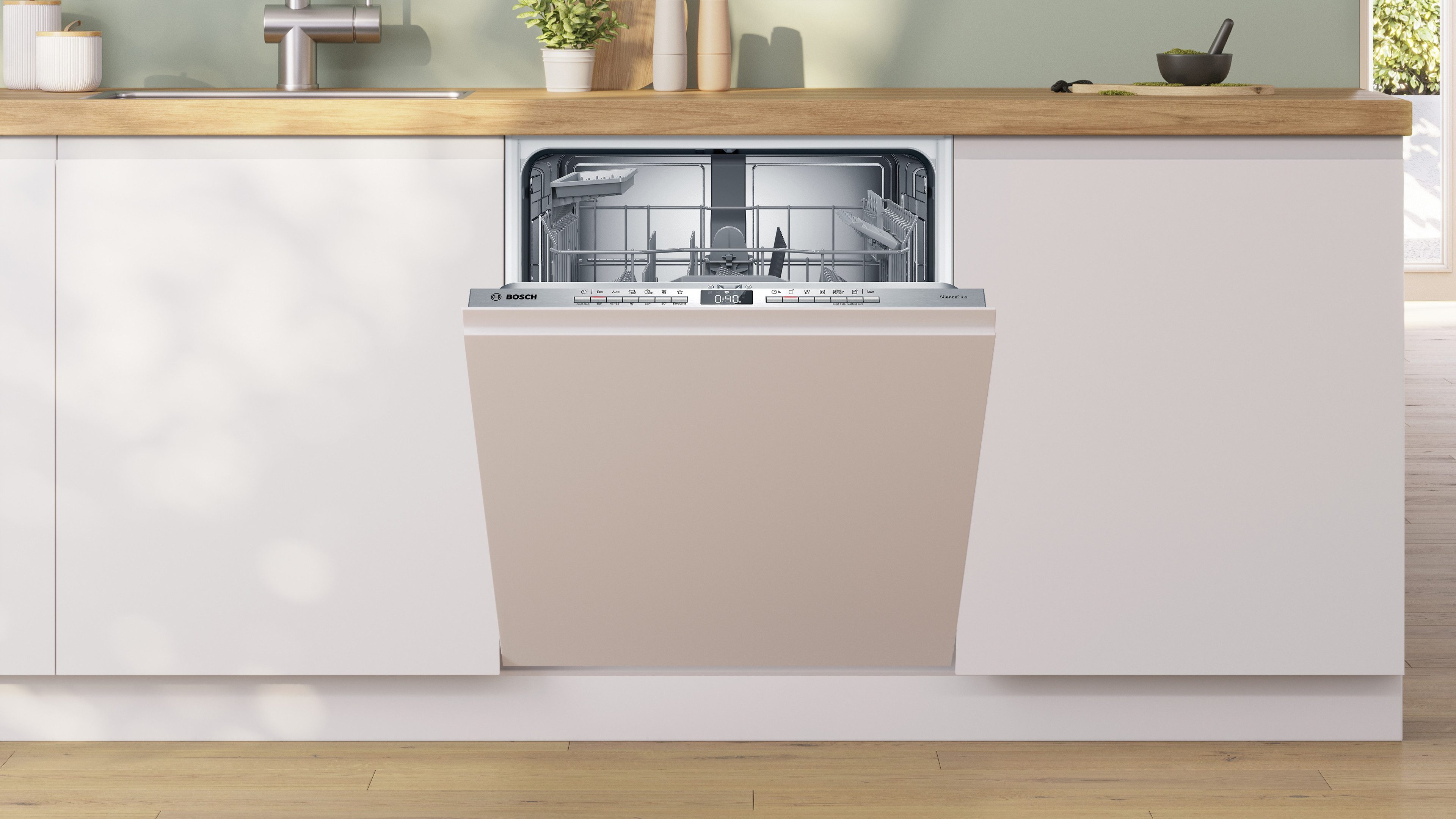 BOSCH vollintegrierbarer Geschirrspüler Serie 4 SMV4EAX28E, 13 Maßgedecke, Automatische Türöffnung für Effizienz, Info Light