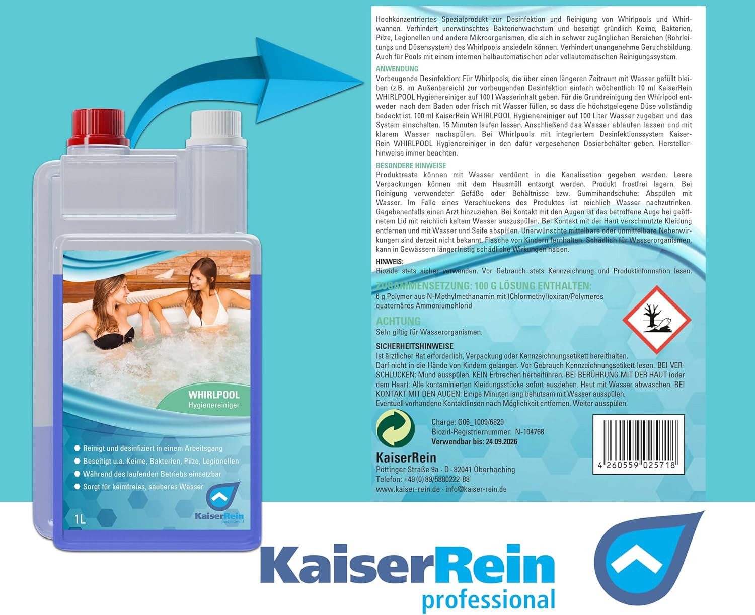 KaiserRein Poolpflege KaiserRein Whirlpool Reiniger & Desinfektion ohne Chlor, Desinfizierend, chlorfrei, hochkonzentriert, geruchsarm – Bild 4 von 5
