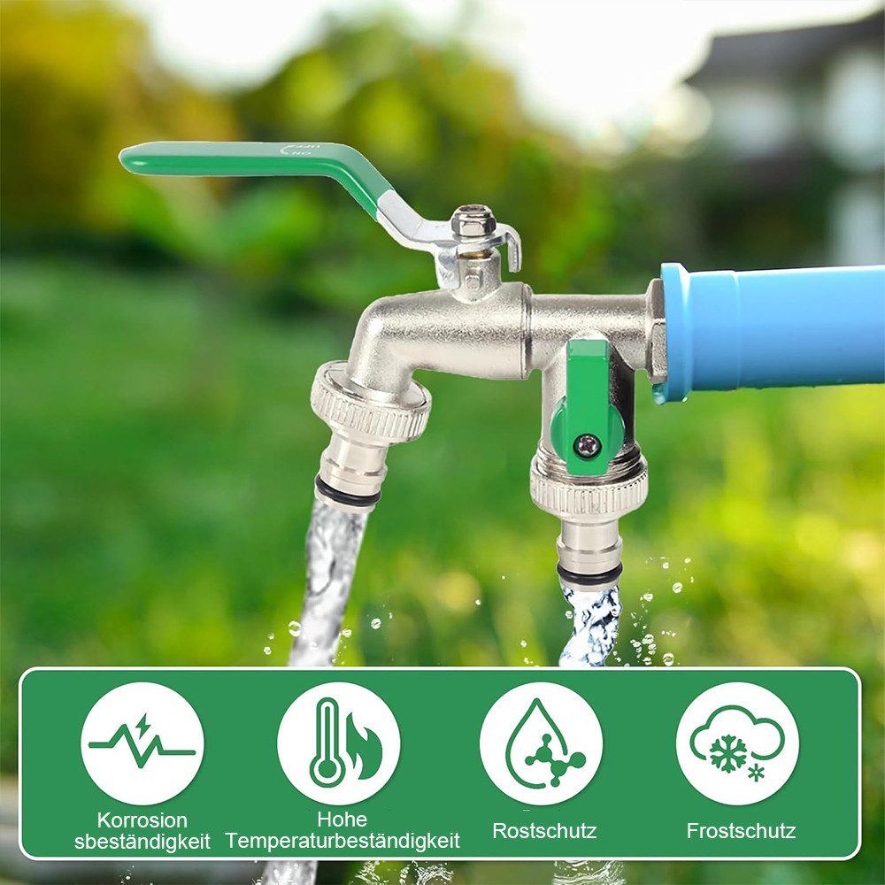 TUWENA Absperrventil Doppel Auslaufhahn, Garten Wasserhahn 1/2 Zoll & 3/4 Zoll Kugelhahn, Messing Rost-und Frostsicher, 2 Schlauchanschlüsse, 1 Rollendichtband – Bild 4 von 5