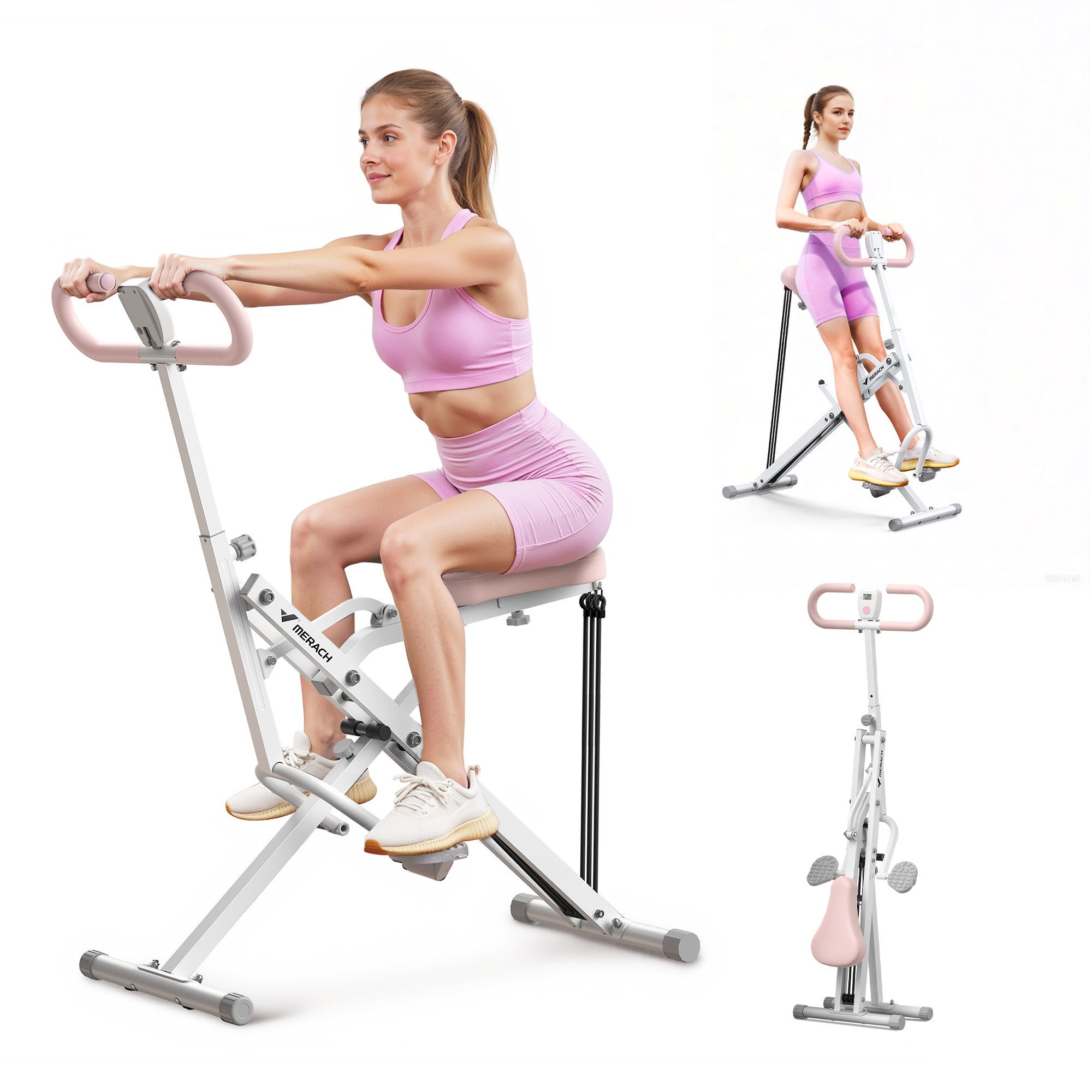 MERACH Bauchtrainer Fitnessgerät für Zuhause, Bauchmuskeltrainer, Rückentrainer (3 einstellbare Widerstandsbänder, bis 158 kg belastbar, klappbar, Platzsparend, verstellbarem Sitz, Armlehne und Lenker, LCD-Monitor), Kniebeugentrainer, Heimtrainer, Bauchtr