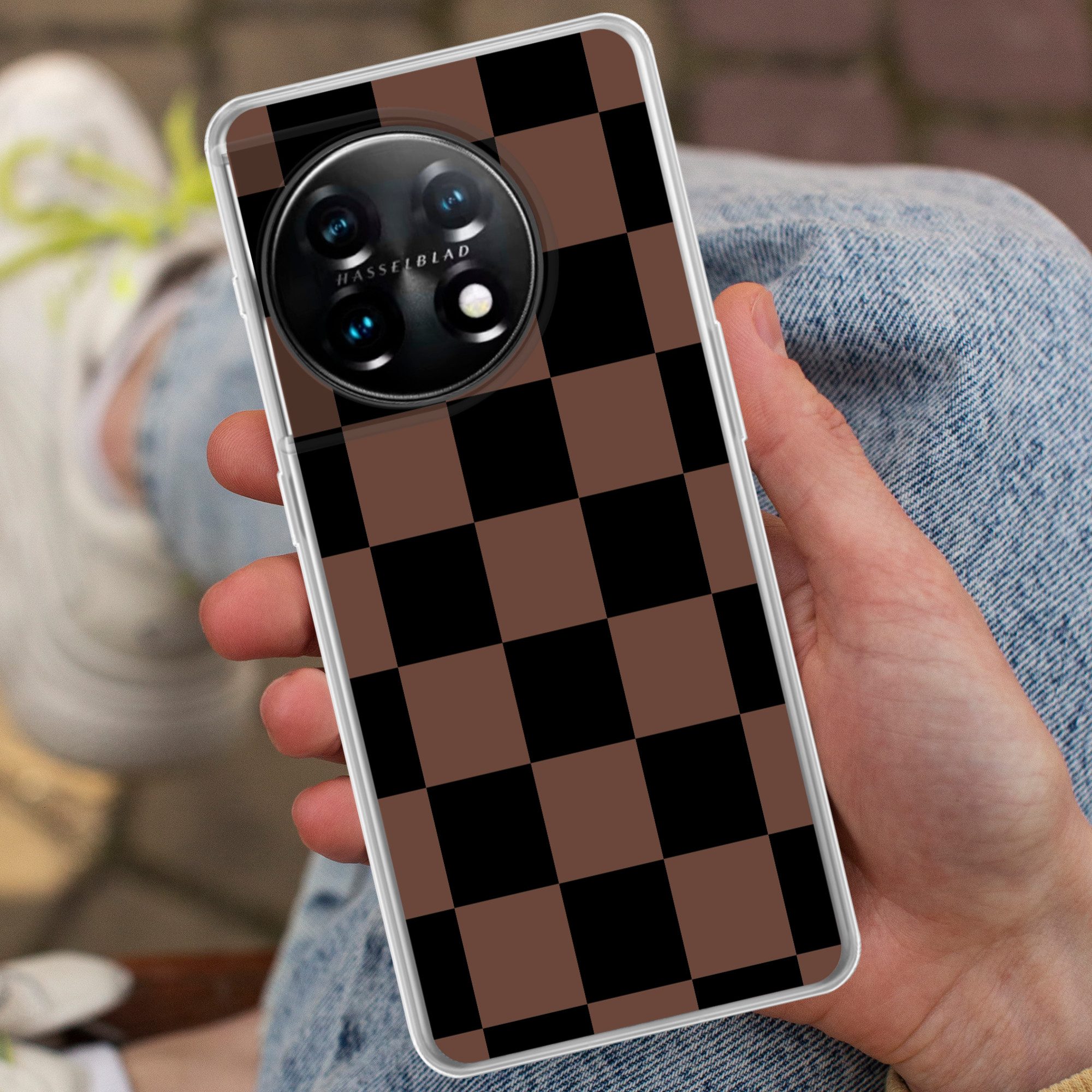 MuchoWow Handyhülle für OnePlus 11 Schachbrettmuster - Braun - Schwarz - Blöcke, Handy Case, Silikon, Bumper Case Dünn