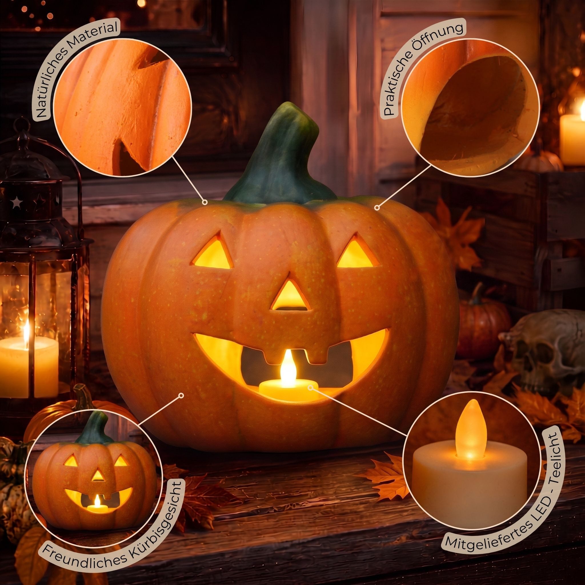 matches21 HOME & HOBBY Dekofigur Kürbis-Laterne als LED Halloween-Deko Windlicht in 22x20 cm, Gruseliger Jack-O-Lantern Deko-Kürbis als innen außen Herbst-Deko – Bild 2 von 5