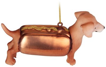 BRUBAKER Christbaumschmuck Dackel als Hot Dog Braun (1-tlg), Handbemalte Weihnachtskugel Hund aus Glas - Mundgeblasener Christbaumschmuck Tiere Deko Anhänger Lustige Baumkugel - 10,8 cm