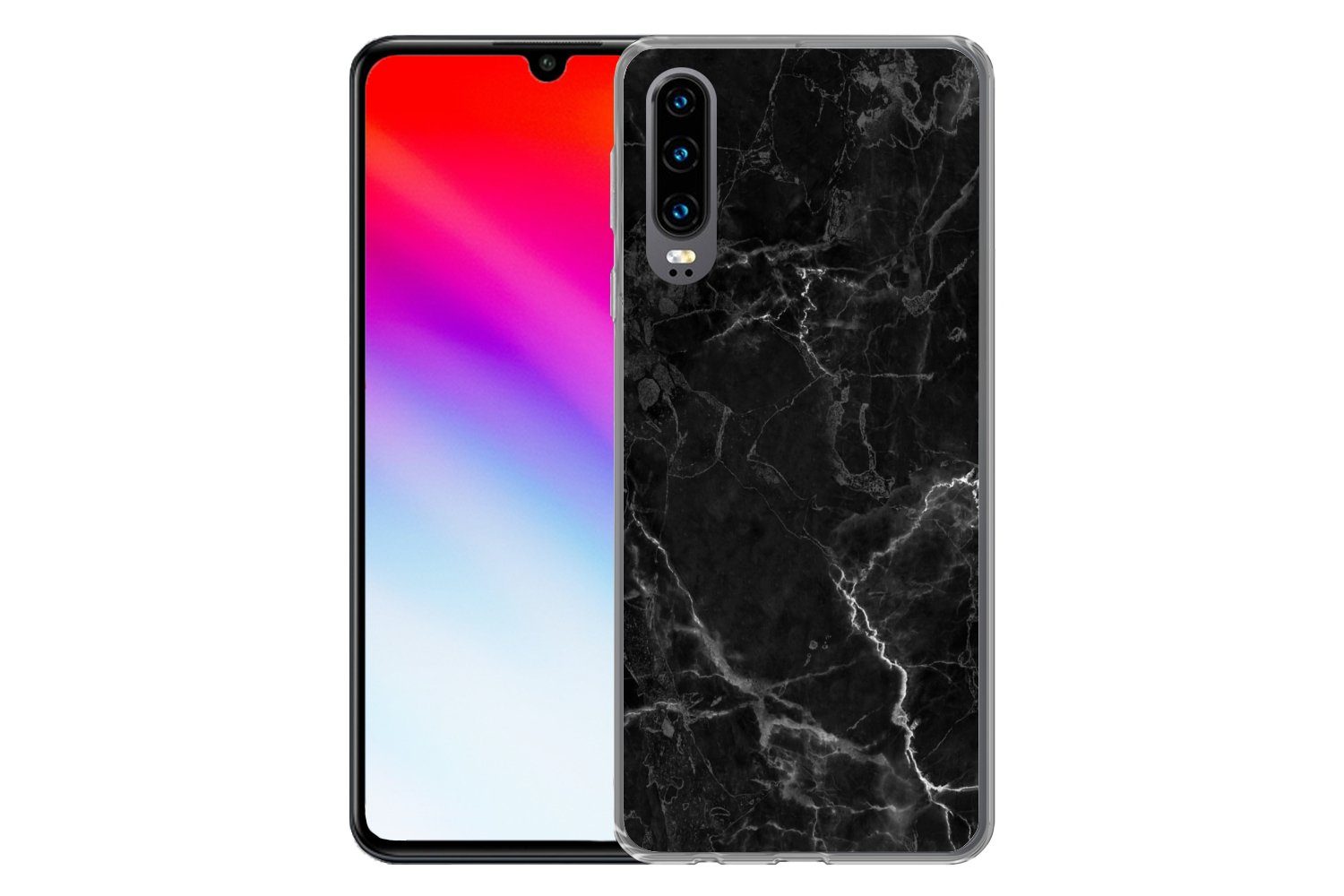MuchoWow Handyhülle für Huawei P30 Marmor - Schwarz - Weiß - Textur - Marmoroptik, Handy Case, Silikon, Bumper Case Dünn
