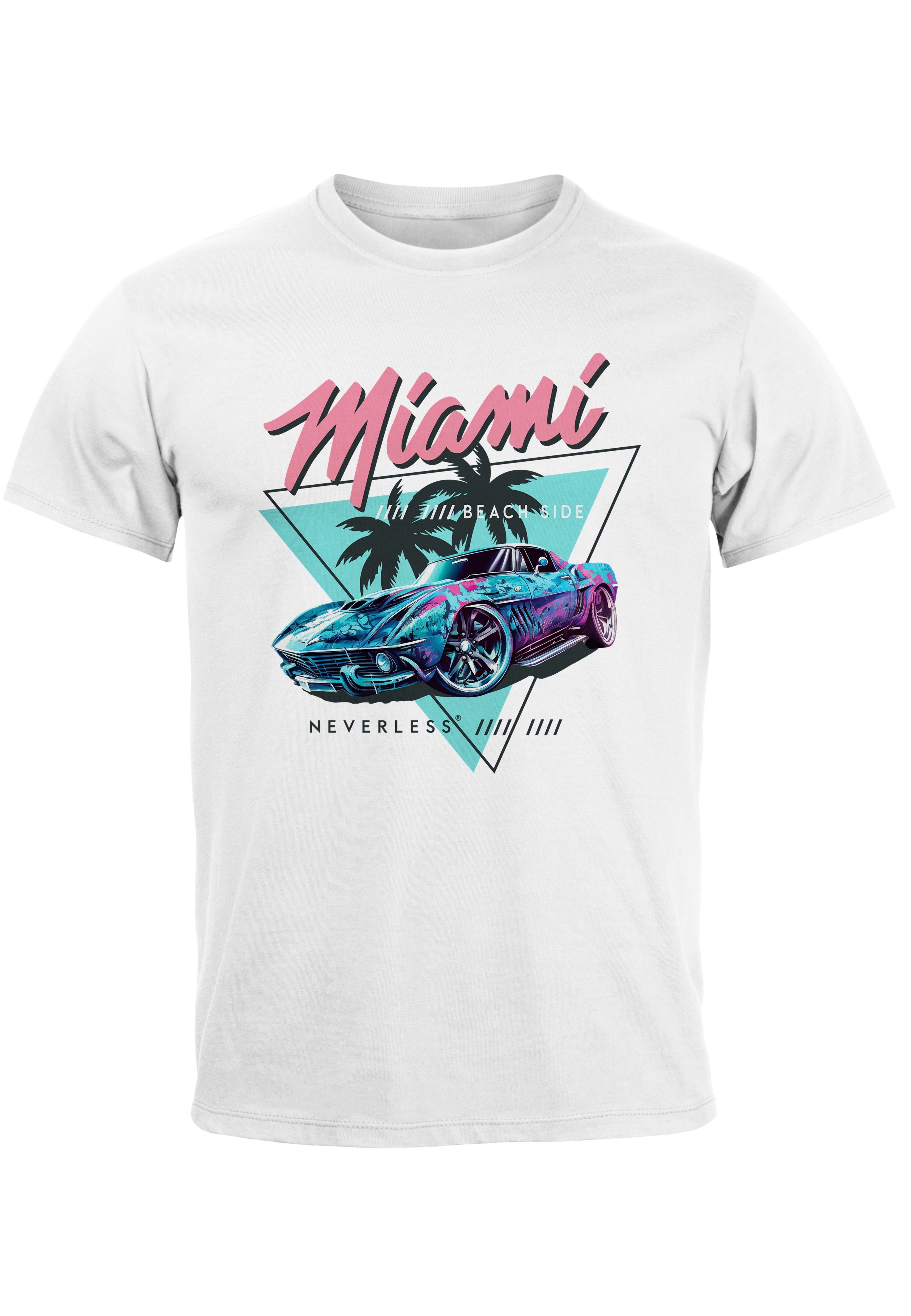 Neverless Print-Shirt Herren T-Shirt Bedruckt Miami Beach Surfing Motiv USA Retro Automobil mit Print weiß