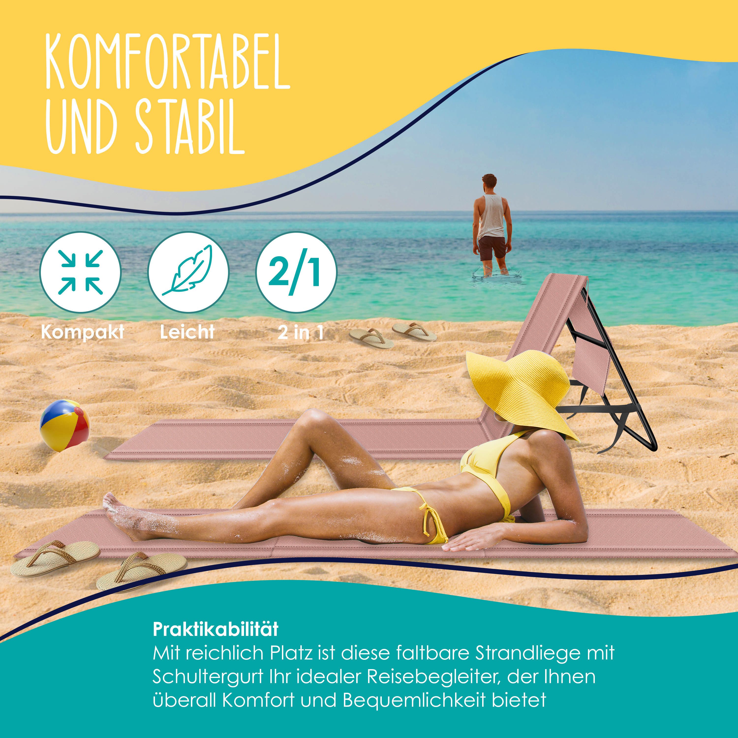 KESSER Gartenliege Strandmatte klappbar mit verstellbarer Rückenlehne max. 130 kg, 1 St., Strandliege mit Tragegurt, wasserdichter Handyhülle & Tragetasche, Sonnenliege faltbar für Strand, Garten & Terrasse Liegematte