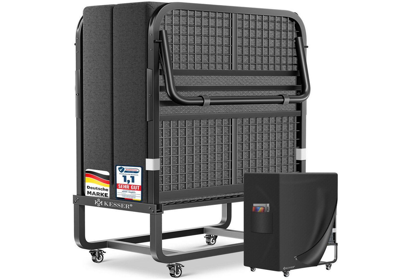 KESSER Gästebett 200x90cm Klappbett faltbares Reisebett mit Metallrahmen für Erwachsene (Metall Bett inkl. Matratze aus Memory-Schaum, Räder & Schutzhülle) Mobiles Bett belastbar bis 250kg mit abnehmbarem Bezug