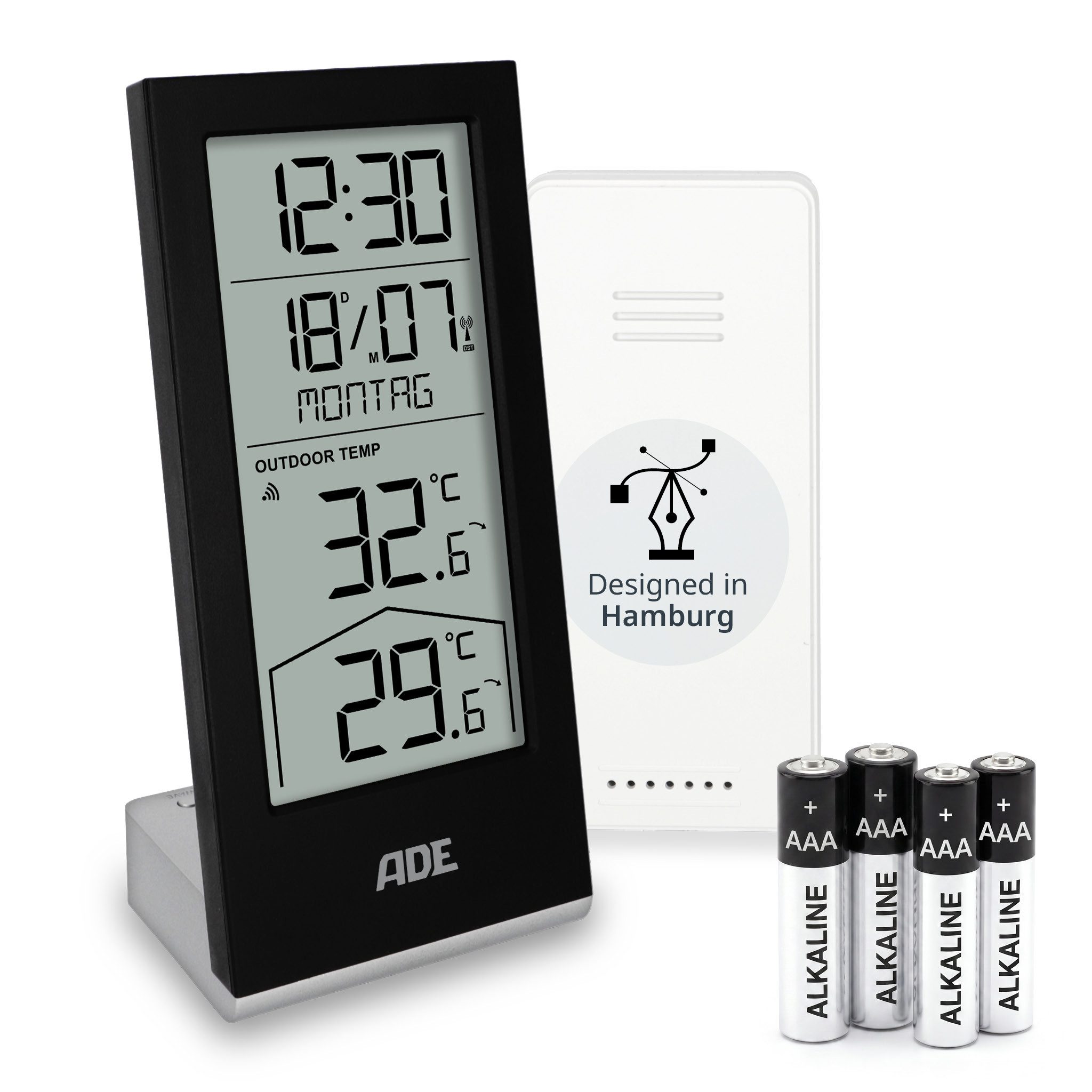 ADE Tischuhr digital mit Außensensor, Temperatur & Wochentag Funkwetterstation (mit Kalender & Trendanzeige, inkl. 4 AAA Batterien)