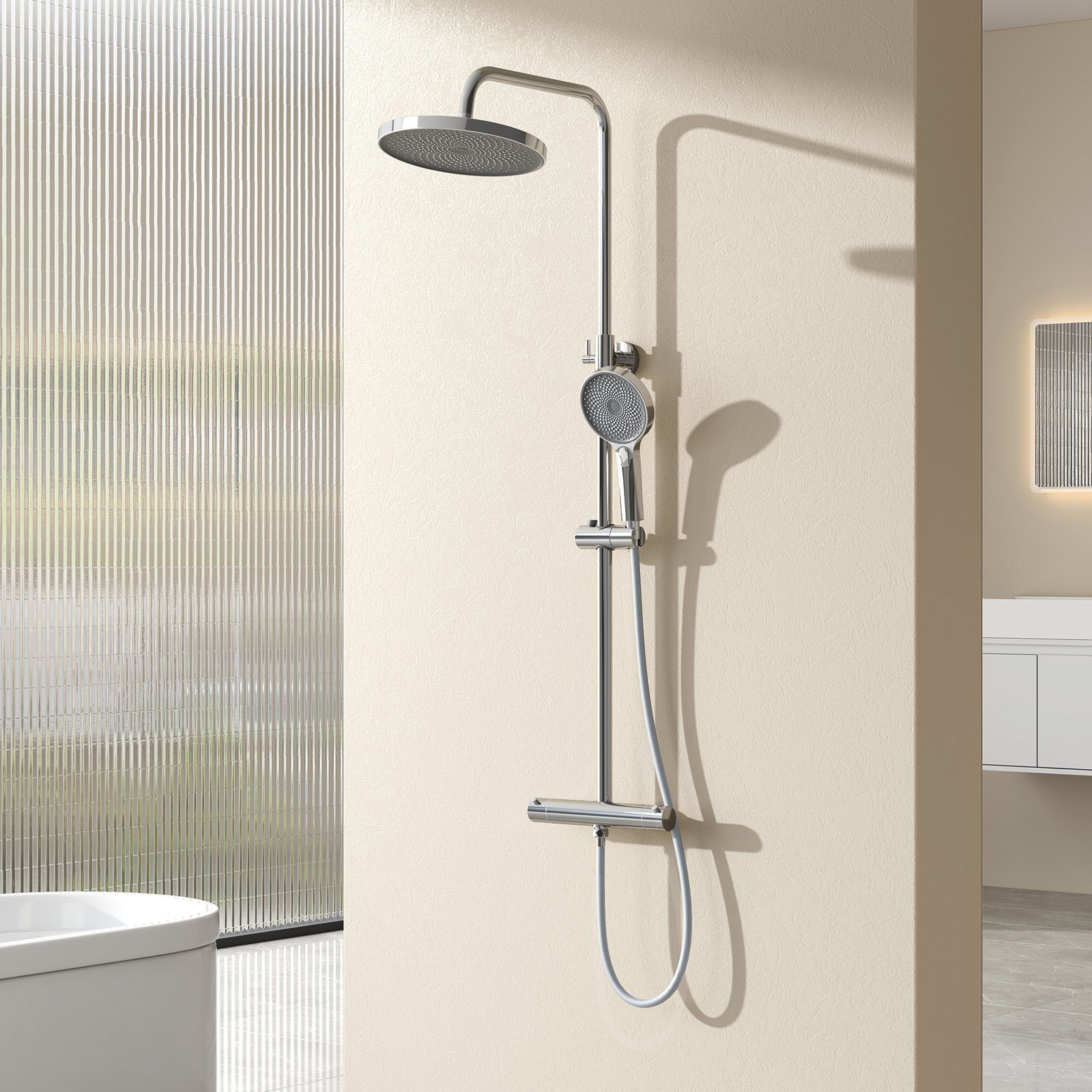 EMKE Duschsystem Duschsystem mit Thermostat Duschset mit Regendusche Handbrause, 3 Strahlart(en), Freie Winkel- und Höhenverstellung Duschset,Rund Regendusche