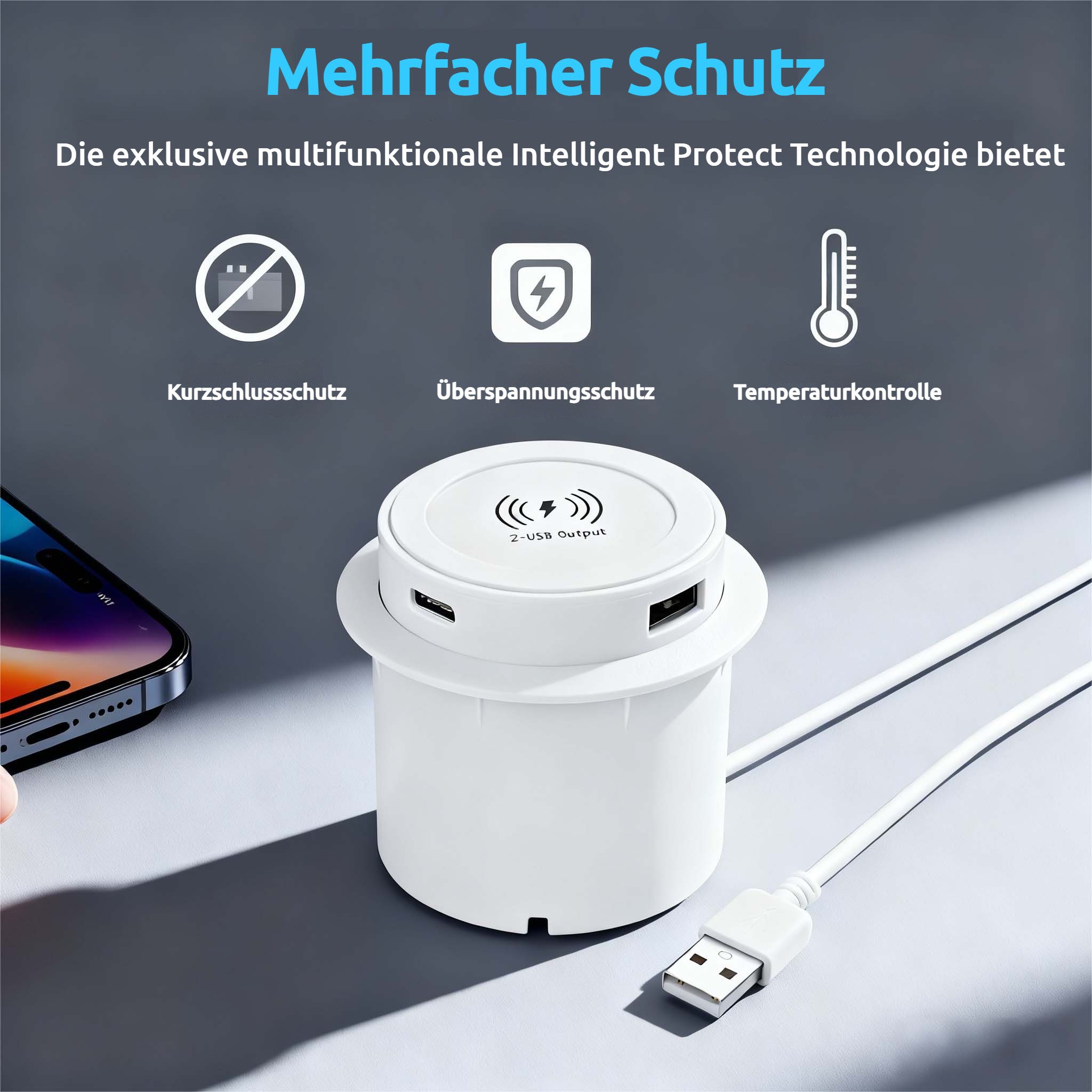 PRIISF Versenkbare Einbausteckdose Mehrfachsteckdose 3in1 Kabellose Ladegerät Einbau-Tischsteckdose 2-fach (USB-Anschluss, USB-Anschlüsse, Überspannung, Überhitzung, Überstrom, Kurzschluss, Kabellänge 1,4 m), USB Büro Unterbau Induktive Ladestation Einbau-Tischsteckdosenleiste