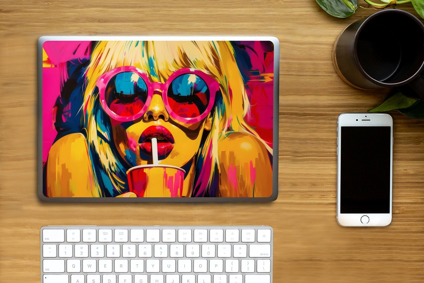 Thumbnail - MuchoWow Laptop-Aufkleber Sonnenbrille - Rosa - Frau - Stroh, (1tlg), Laptop Folien Cover, Aufkleber, Sticker, Schutz vo...