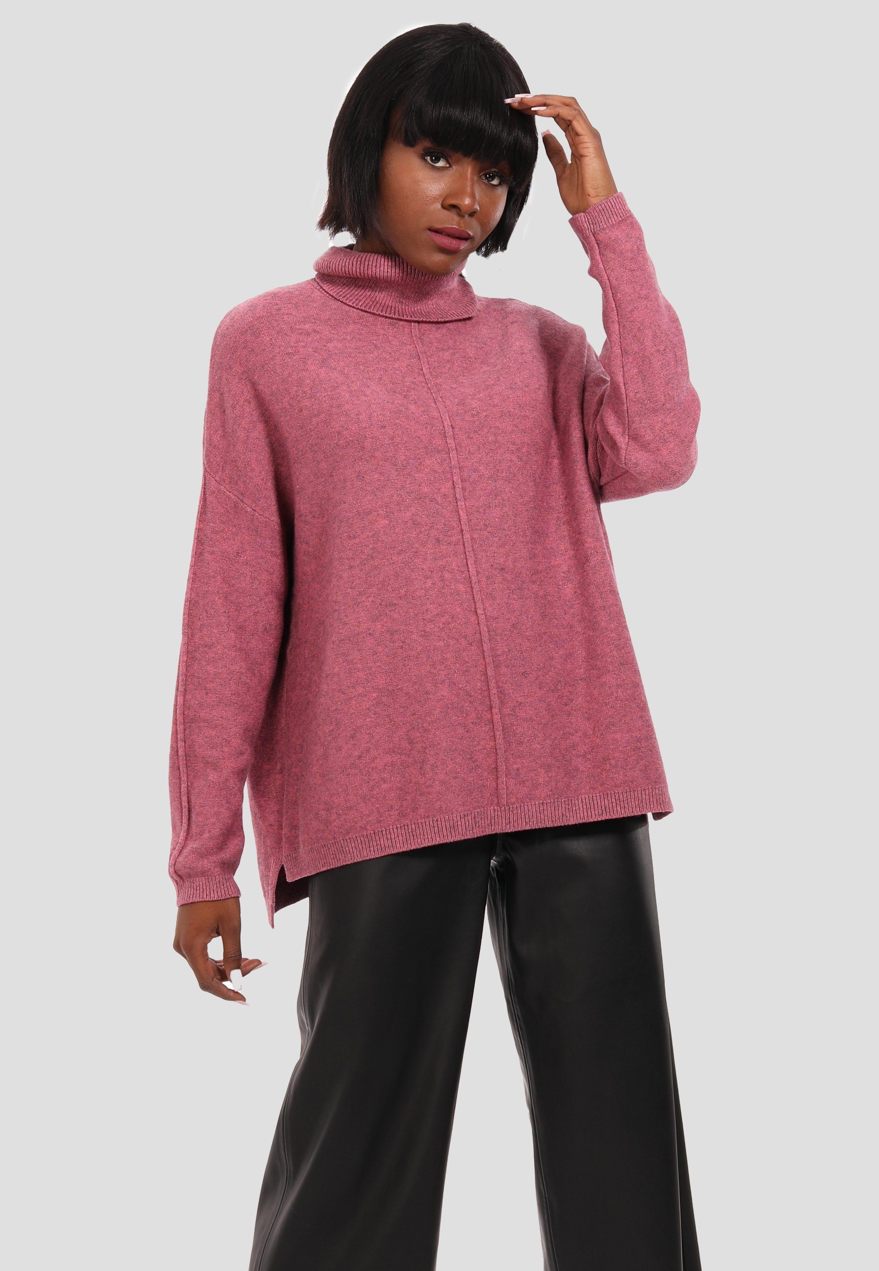 YC Fashion Style melierter altrosa Pullover in Rollkragenpullover & Size One Feinstrick (1-tlg) Oversized Optik aus