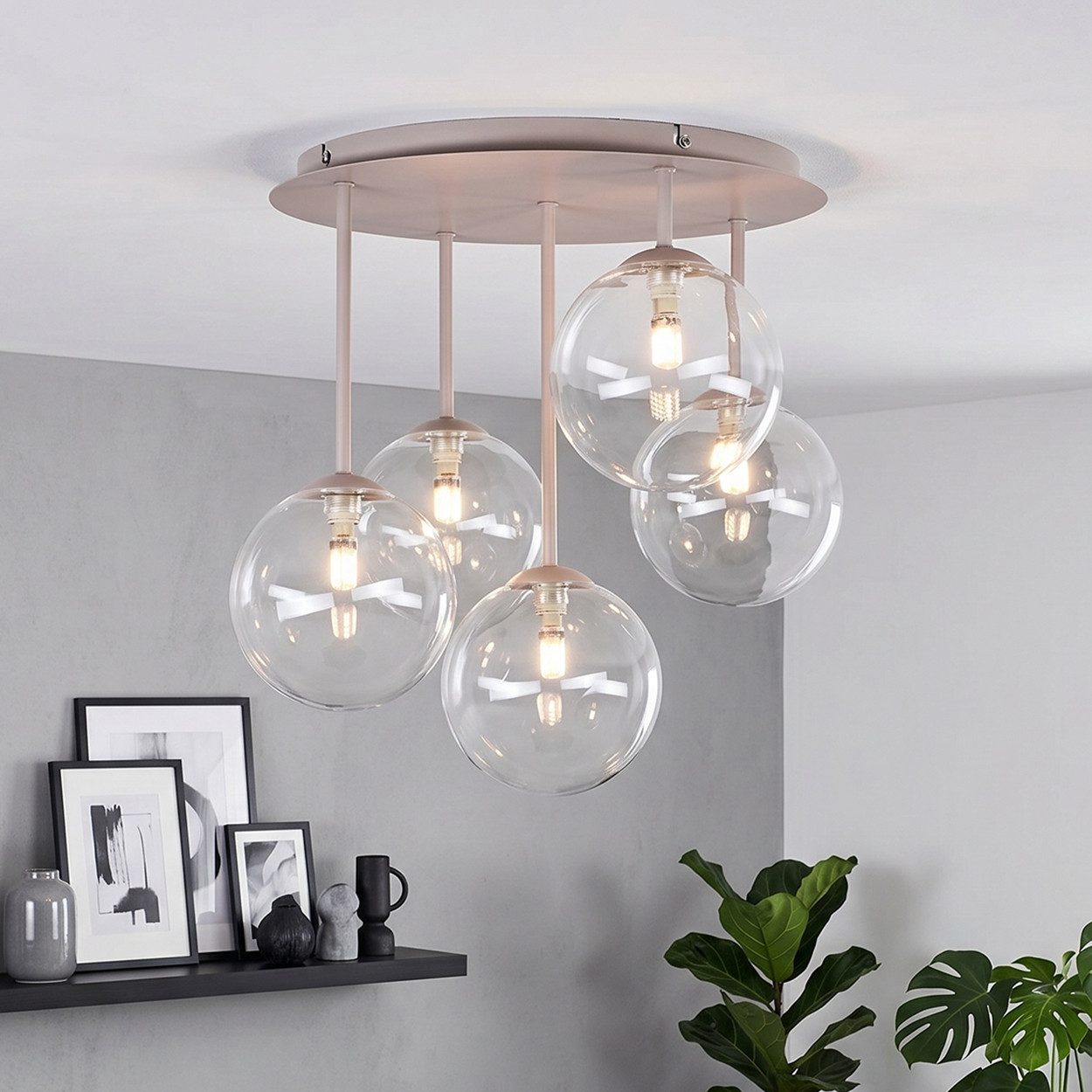 hofstein Deckenleuchte Deckenlampe aus Metall/Glas in Sandfarben/Weiß/Klar, moderne Deckenleuchte im Retro/Vintage-Design, 5 x G9