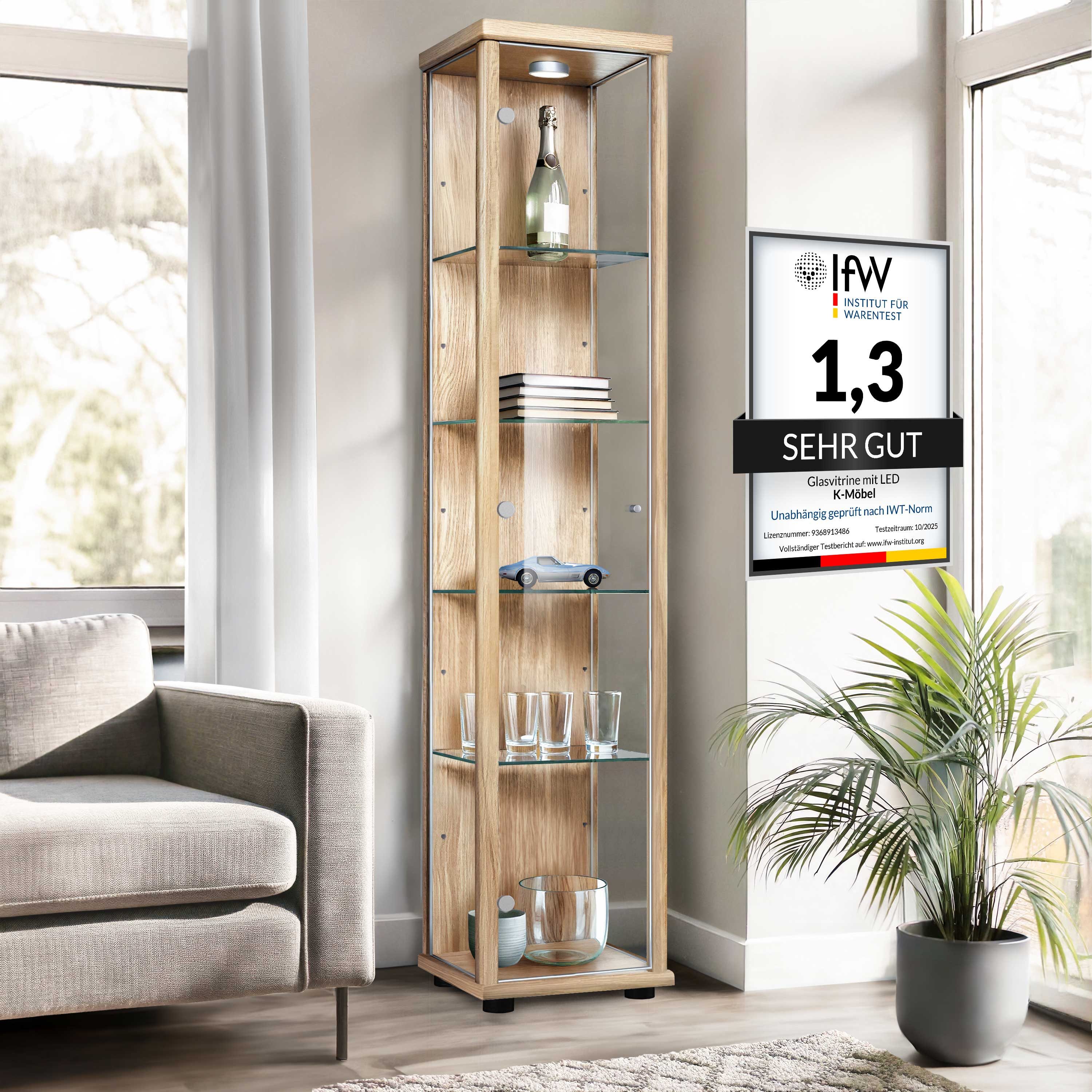 K-Möbel Glasvitrine C1014 (Glasvitrine (176x37x33 cm) mit 1 Glastür) Glasvitrine stehend
