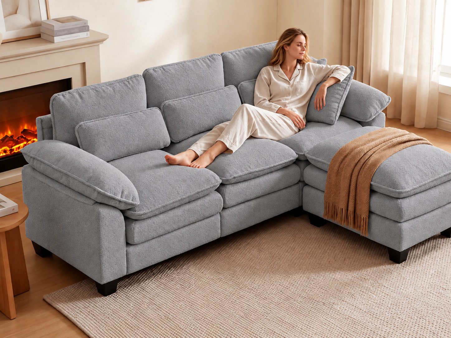 Patbrela Ecksofa modulares Sofa,15 cm dickes Sitzkissen,Breite 226/283cm, Schlafsofa,Angenehmer Teddy-Stoff,Einfache Montage