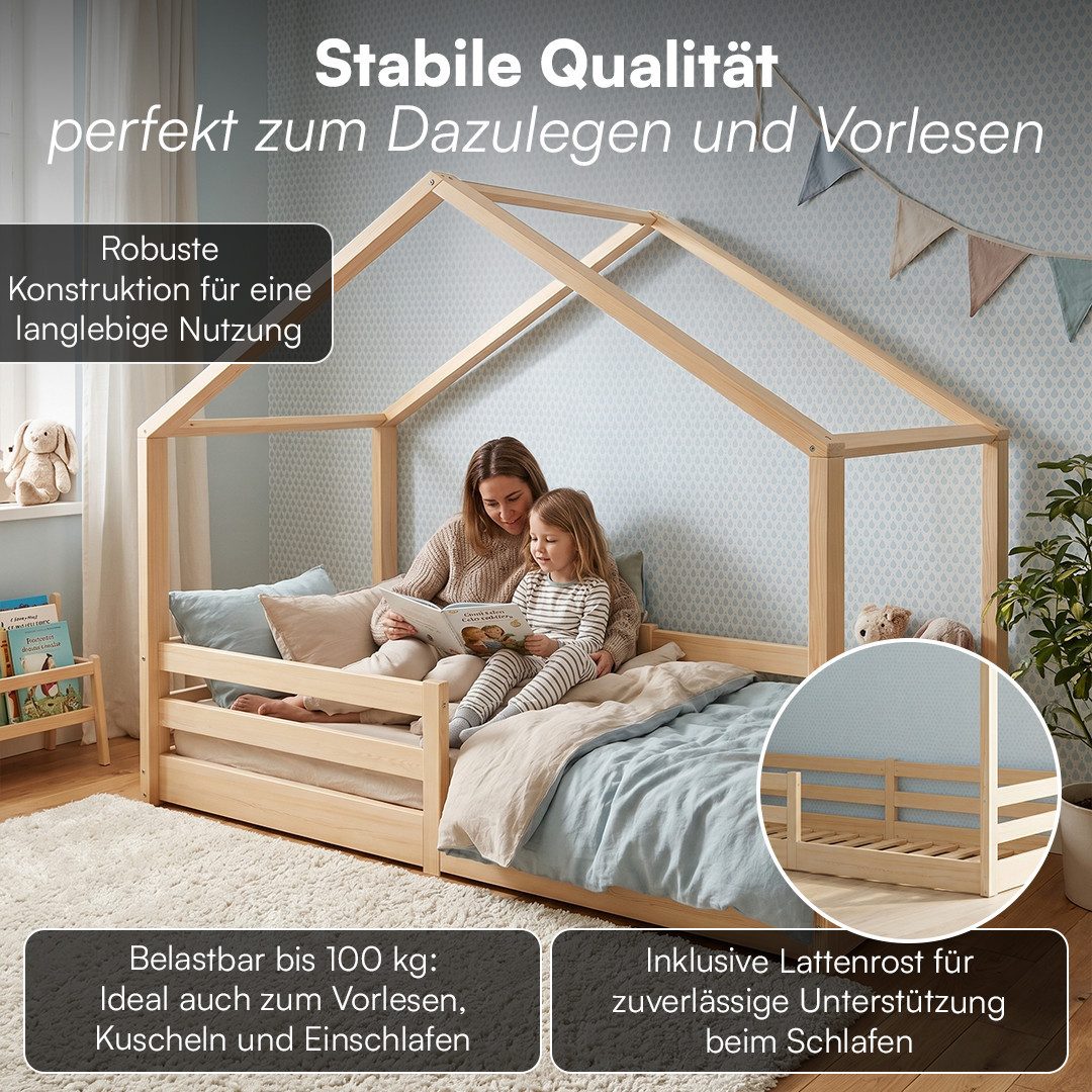 Bellabino Hausbett Abia Kinderbett mit Lattenrost und Rausfallschutz (natur, optional mit Matratze), Bodenbett 90x200 cm, verfügbar in verschiedenen Ausführungen