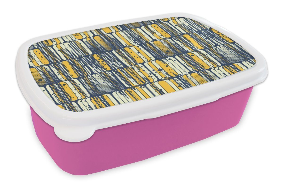 MuchoWow Lunchbox Sechziger Jahre - Muster - Gelb - Rock, Kunststoff, (2-tlg), Brotbox für Erwachsene, Brotdose Kinder, Snackbox, Mädchen, Kunststoff rosa