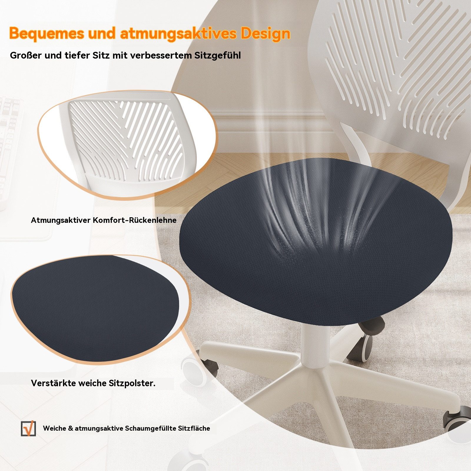HDHNBA Drehstuhl höhenverstellbarer Rollhocker mit Rückenlehne, armlehnloser Bürostuhl (1 St), Ergonomischer kleiner Schreibtischstuhl für Home-Office – Bild 5 von 5
