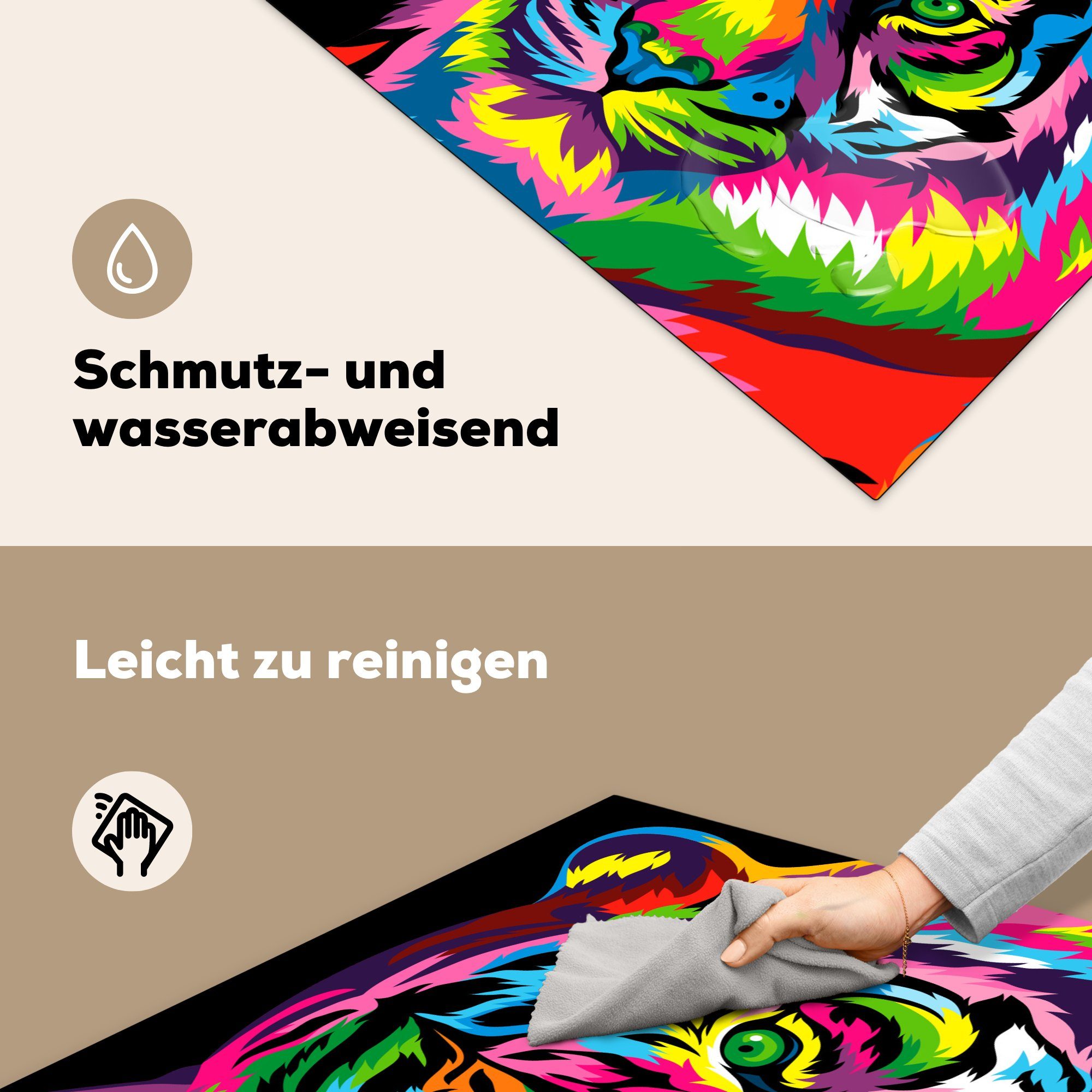 MuchoWow Herdblende-/Abdeckplatte Tiger - Regenbogen - für (1 küche Ceranfeldabdeckung, Schwarz, Vinyl, 78x78 tlg), cm, Arbeitsplatte