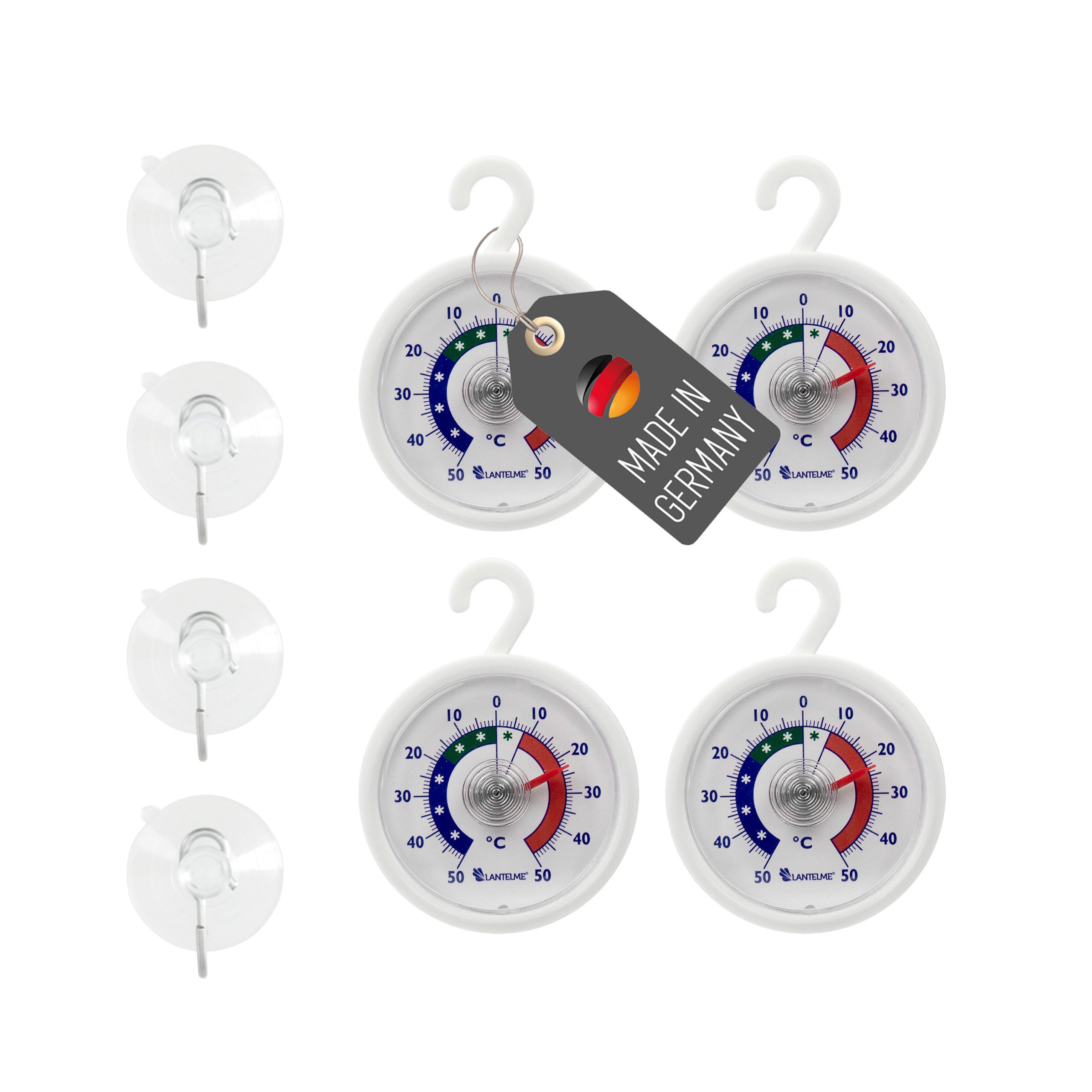 Lantelme Kühlschrankthermometer mit Haken Saugnapf und Klebepad Kühlschrank Thermometer Bimetall, Deutsche Herstellung 4 Stück im Set, Gefrierschrankthermometer + - 50° Temperaturanzeige