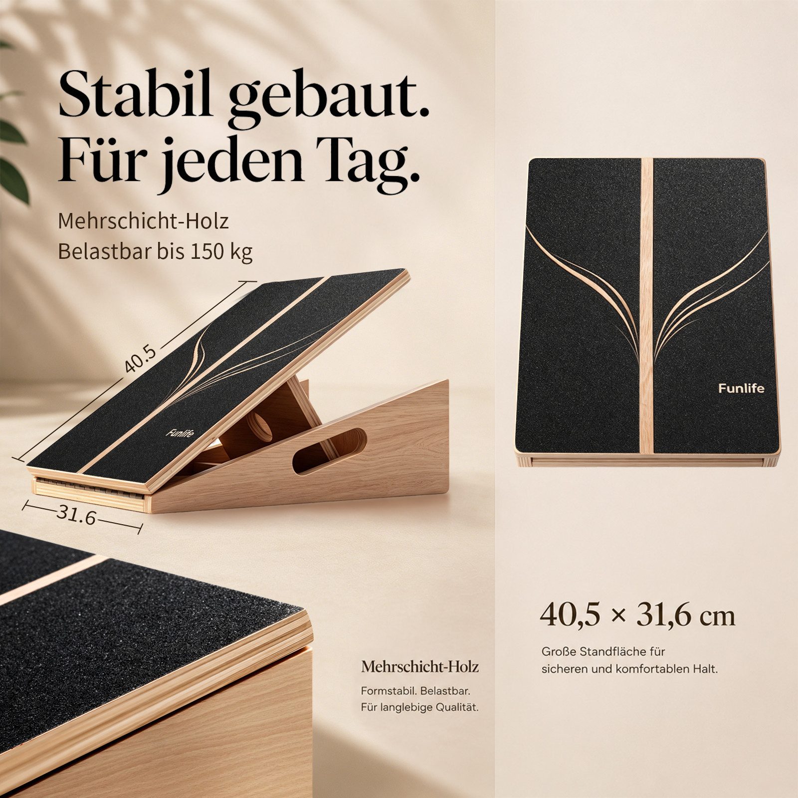 FunLife Balanceboard Slant Board BERG & FLOW Design-Edition, 5 Neigungswinkel, aus Mehrschichtholz, rutschfest, bis 150 kg