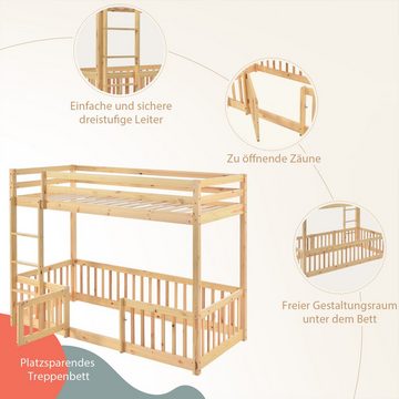 OKWISH Etagenbett Kinderbett mit rechtwinkliger Treppe, Bett mit Zäune und Türchen, mit Fallschutz und Gitter, Massivholz, natur (200x90cm)