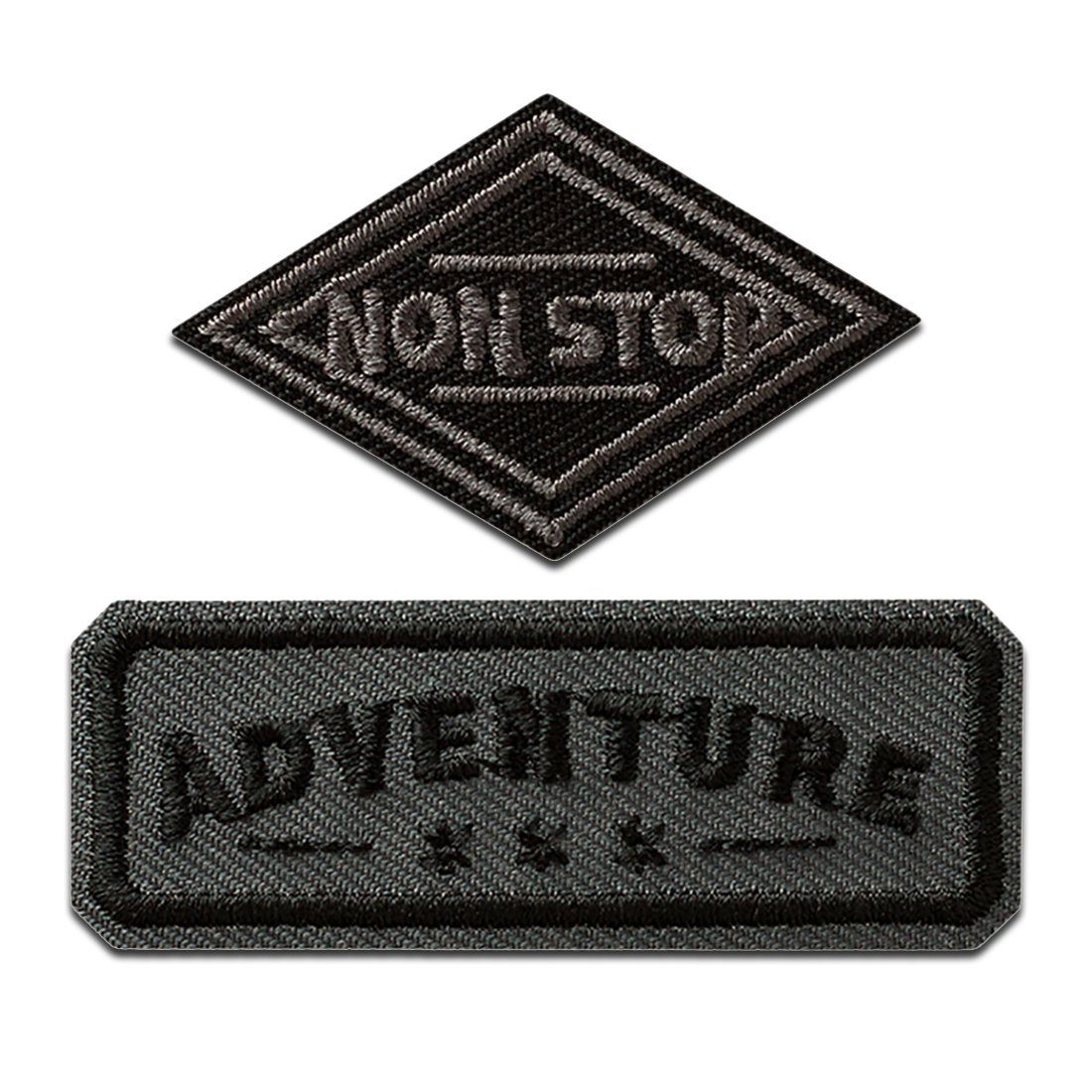 Mono-Quick Aufnäher, Polyester, Adventure und Non Stop 2 Stück - Aufnäher, Bügelbild, Aufbügler, Applikationen, Patches, Flicken, zum aufbügeln, Größe: 2,8 x 5,7 cm