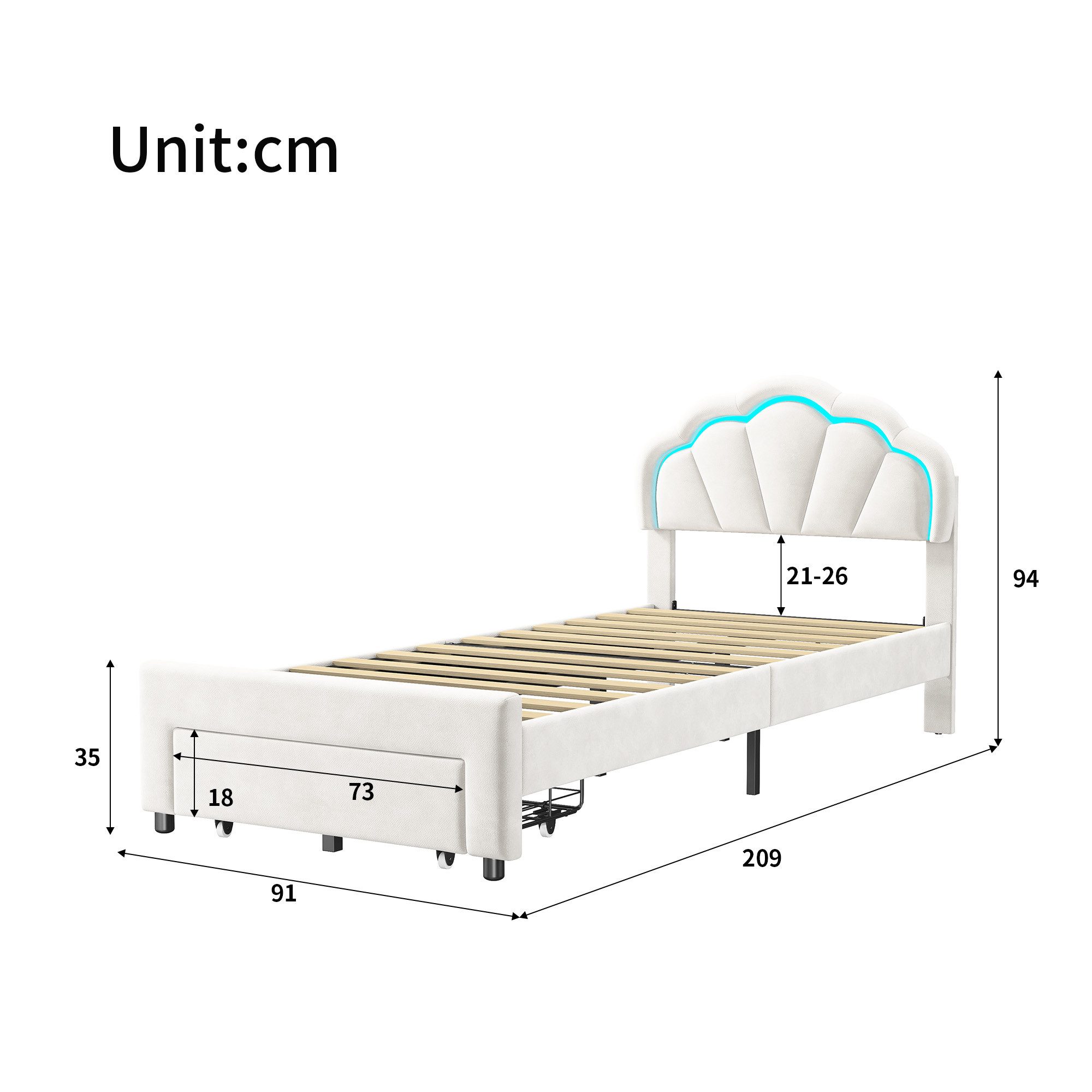 PXloue Polsterbett Kinderbett Jugendbett (Kopfteil hochstellbar), Einzelbett,Cloud-Kopfteil,mit LED-Beleuchtung und Lattenrost,90x200cm – Bild 5 von 5