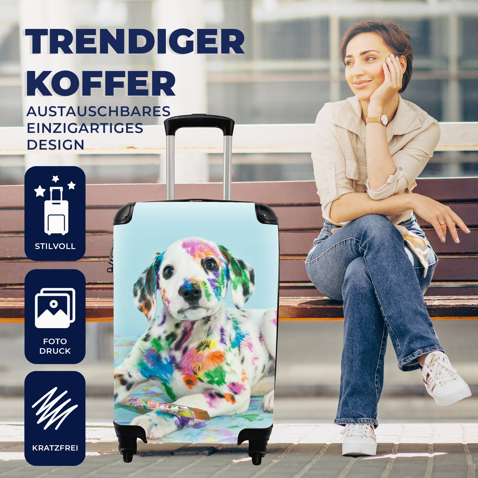 MuchoWow Handgepäckkoffer Hund mit Ferien, rollen, Rollen, Blau, Handgepäck Reisetasche Reisekoffer Trolley, - für - 4 Farbe