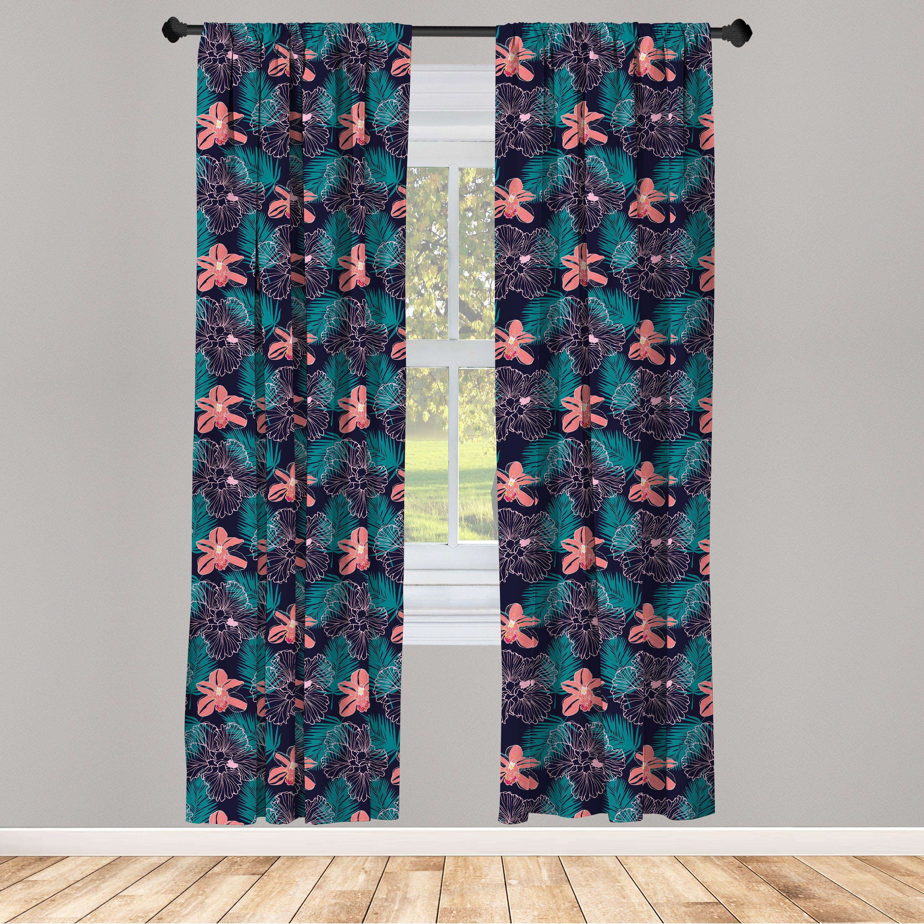 Gardine Vorhang für Wohnzimmer Schlafzimmer Dekor, Abakuhaus, Microfaser, Luau Blätter Hibiscus auf dunklem