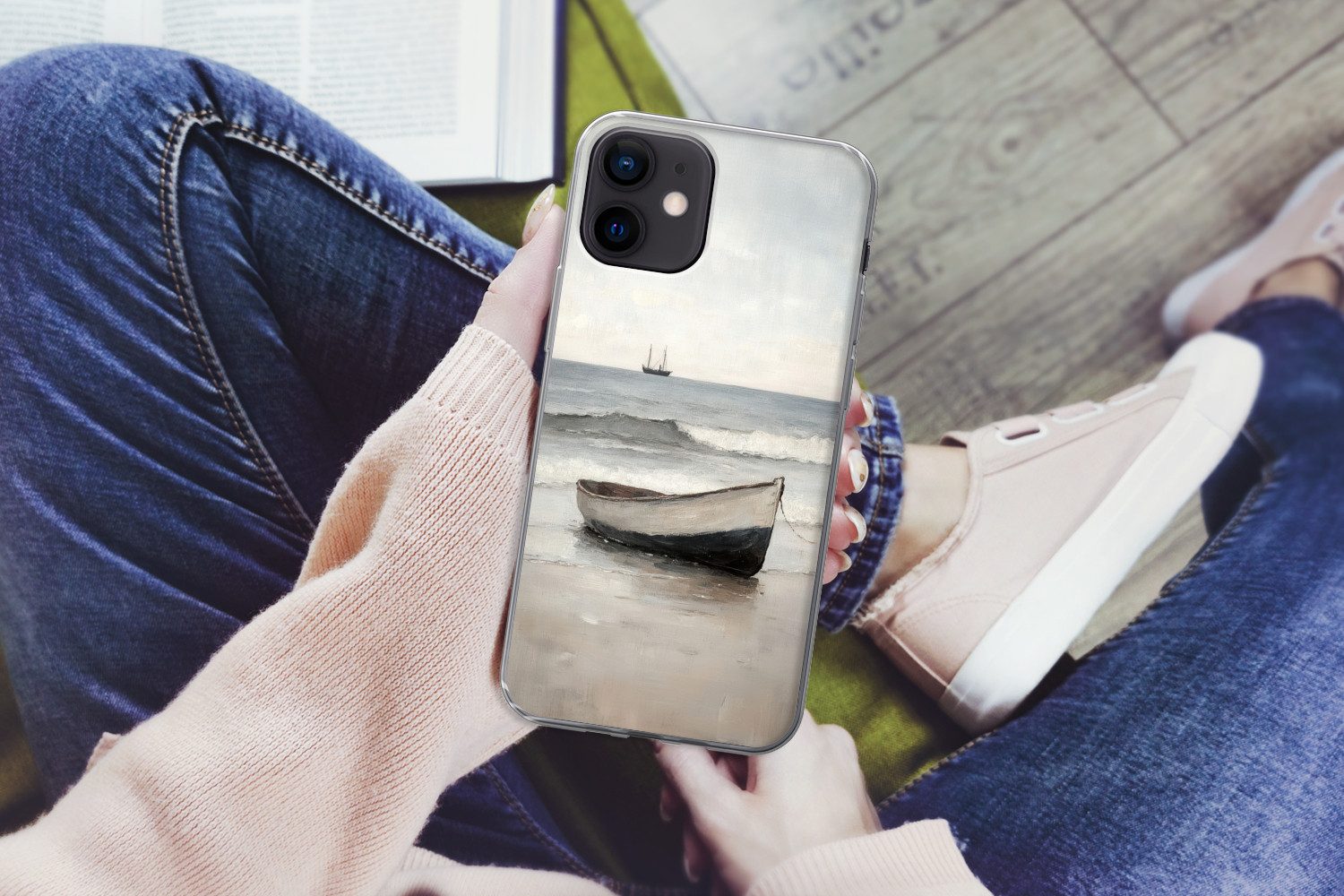 MuchoWow Handyhülle für Apple iPhone 12 Ruderboot - Meer - Horizont, Smartphone-Bumper, Print, Handy Schutzhülle Dünn