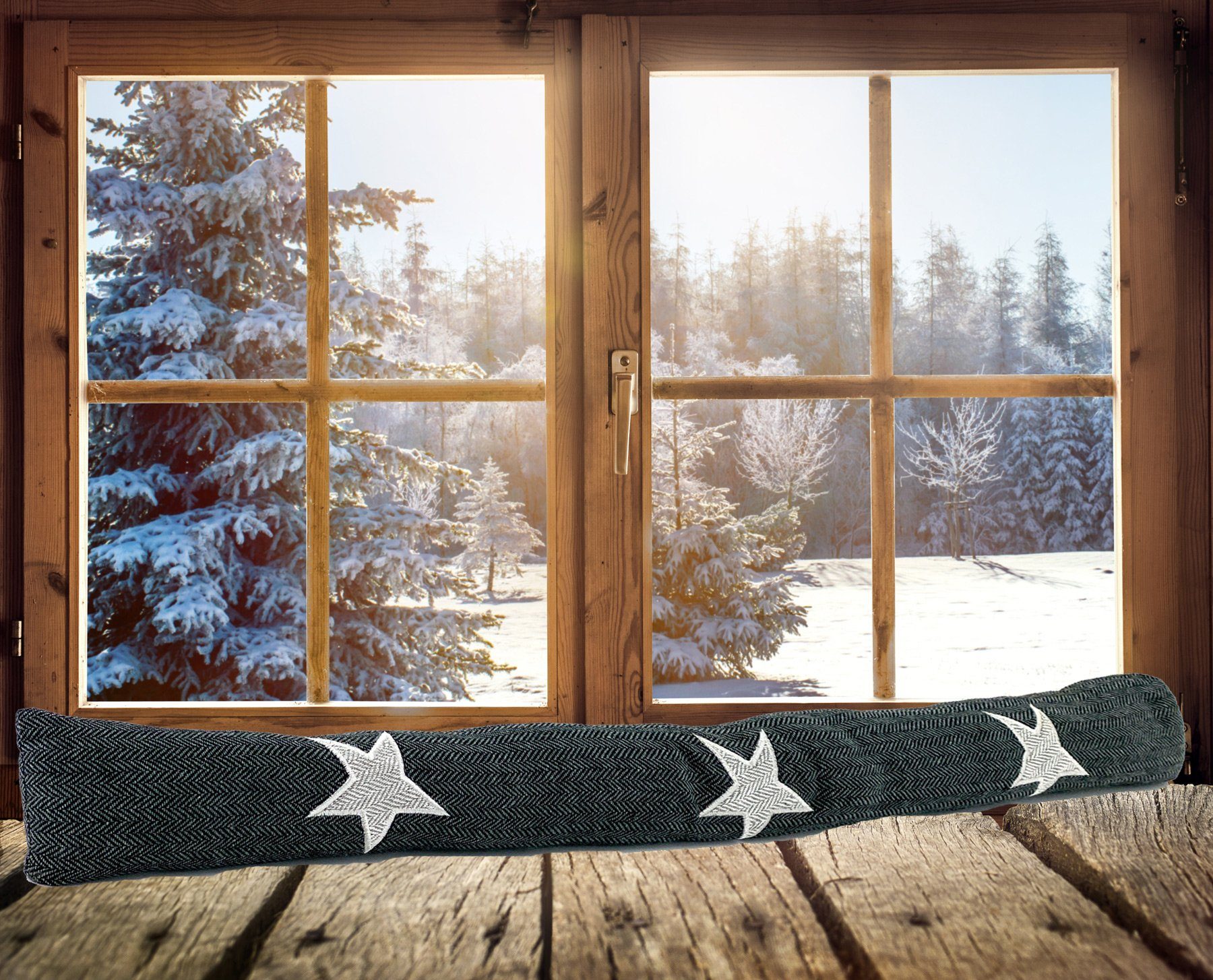 heimtexland Zugluftstopper Windstopper Dekokissen Fensterdichtung Türdichtung, 1-tlg., Kälteschutz Deko Kissen Landhaus bestickt mit 3 Sandkammern